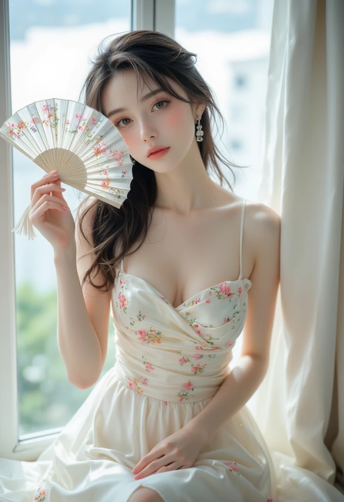 1 female, Updo, (Ultra Realistic, High resolution), (Highly detailed eyes, Highly detailed hair, Highly detailed face, Highly detailed plump lips), (off shoulder with open chest), chest, Upper Body, Looking for a Smile, (Highest quality:1.4), RAW Photos, (Realistic, photo-Realistic:1.37), Professional photography, Cinematic Light, (Beautiful Face: 1.2),(((White fabric with floral pattern dress 1.5)))、High Leg、Mid shot photo 1.4、(((小さいchest1.5)))、(Slender body type 1.2)、Bedroom、Place your right hand over your mouth、