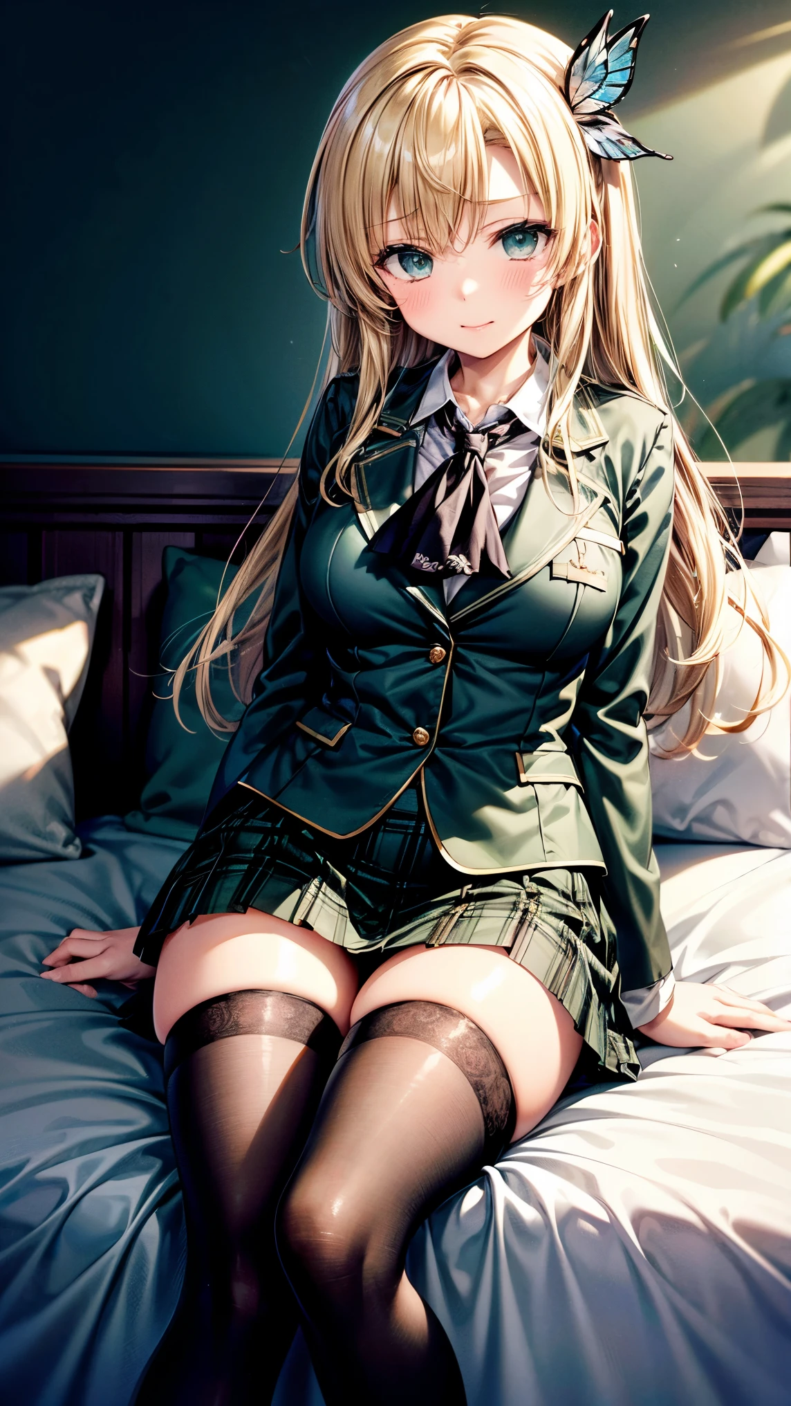 Masterpiece, high quality, high resolution,  long hair, (black thigh highs, black panties), school uniform, blue eyes, plaid, breasts, green skirt, holding, long sleeves, blush, bangs, very long hair, large breasts, blonde hair, brown hair, shirt, white shirt, zettai ryouiki, vest, blunt bangs, ribbon, frills, thick thighs, green ribbon, collared shirt, neck ribbon, frilled skirt, medium breasts, aqua eyes, panty peek, lace-up knee boots, nsfw, (lying, spread legs), pantie focus, cowboy shot