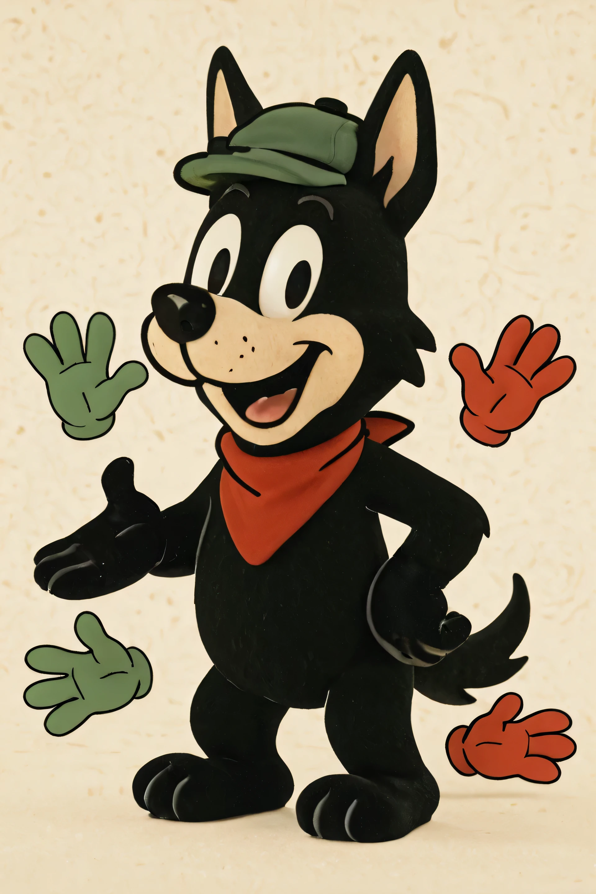 3D Characters, high quality images, Semi-realistic characters, The black dog character wears a green hat, a red scarf, with red and green eccentric gloves floating around the sides.