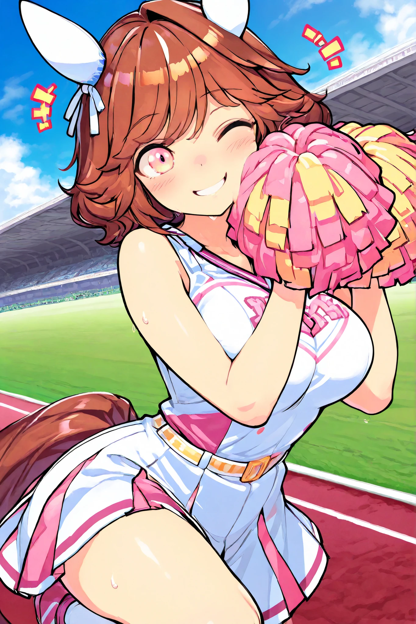 Waste \(Uma Musume\),(((masterpiece))),(((details)))((Highest Quality)),((hyper details)),(beautiful),((Shiny rhinoceros)),(((about))),( High Definition ),((8k)),((high resolution)),pink and white cheerleader, Holding Large Pompoms in Both Hands, dynamic pose,, raising arms,stretches towards viewers,standing, knee up , smile, happy,one eye closed,sweat,embarrassing, ,lawn,Racecourse,shot from the front, Glance Shot ,(((thigh to face close-up))),((character up image)),anime girl, solo,