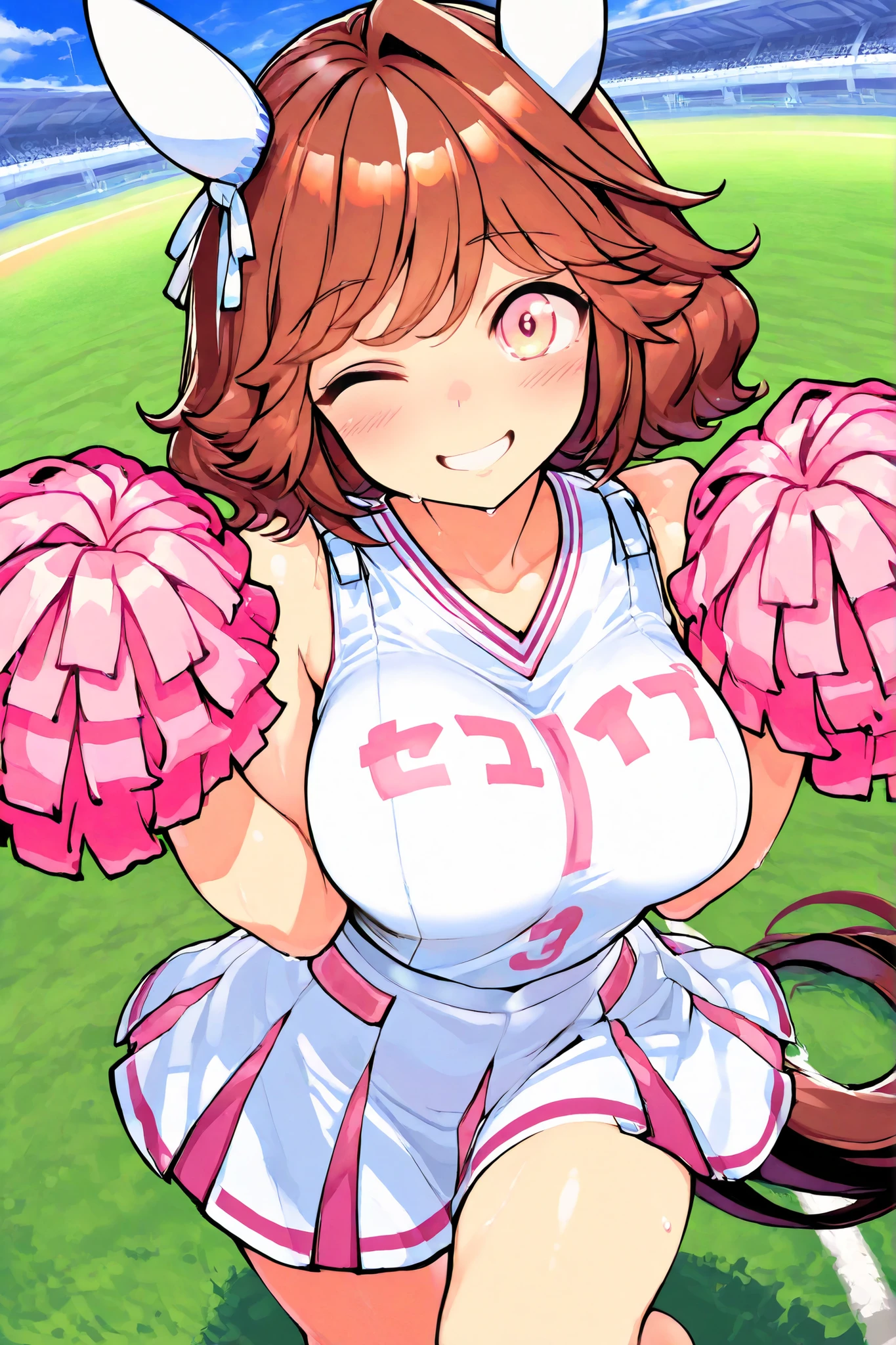 Waste \(Uma Musume\),(((masterpiece))),(((details)))((Highest Quality)),((hyper details)),(beautiful),((Shiny rhinoceros)),(((about))),( High Definition ),((8k)),((high resolution)),pink and white cheerleader, Holding Large Pompoms in Both Hands, dynamic pose,, raising arms,stretches towards viewers,standing, knee up , smile, happy,one eye closed,sweat,embarrassing, ,lawn,Racecourse,shot from the front, Glance Shot ,(((thigh to face close-up))),((character up image)),anime girl, solo,