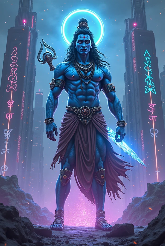 A hindu god “Shiva” firing guns. make the photo futuristic with neon effects