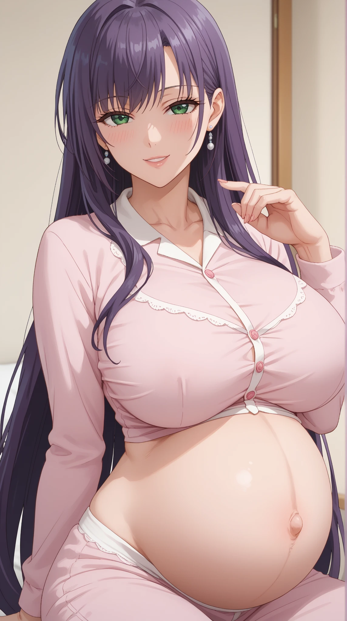 1girl,perfect ,black hair, long hair, (hair over one eye:1.4), messy hair, hair between eyes, plump, chubby,fat, saggy breast, cute motif pajama, cute shy blush on , bedroom