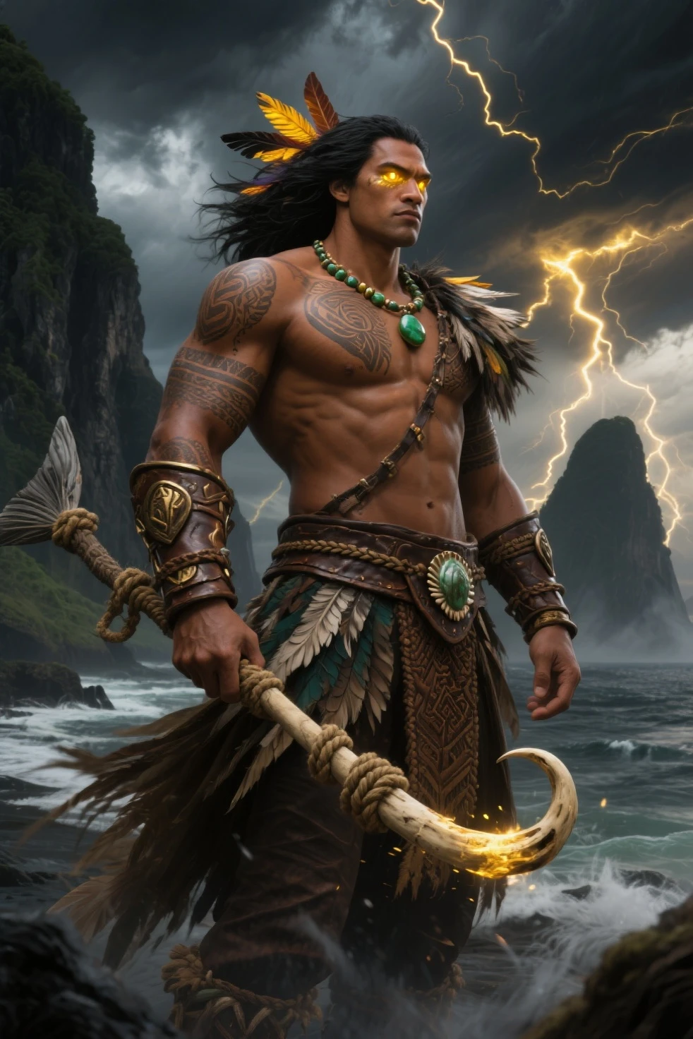 A high resolution, quality photorealistic image captures Tlaloc as the god of lightning, rain, and earthquakes, god of water. His muscular body shines in the moonlight as he displays his great power. The background shows a deep and mysterious jungle realm with rays of light streaking through the environment. Surrounding him is a group of accompanying eagles, emphasizing his dominion over water. The dynamic composition showcases Tlaloc's raw power and majesty over his supernatural might.