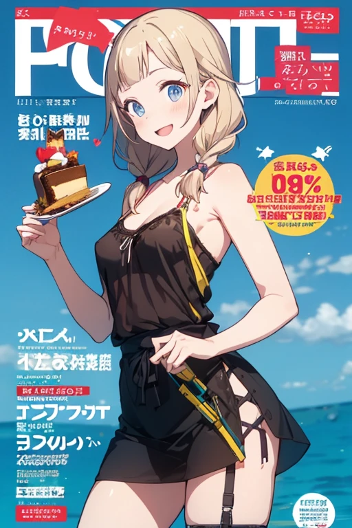 (small breasts:1.2), (perky chest:1.2), (pointed chest:1.2), (Pudding cake magazine cover:1.3),(from above:1.0),(shoot from the side:1.1),masterpiece, 1girl, Amazing Cleavage:1.1, thin waist, optimum,tmasterpiece,hight resolution,best qualtiy,hyper HD,super detailing,awardwinning,a 18yo cute girl,(The upper part of the body),anatomy correct,Beautiful Black miniskirt,garters,Gaze,Small face,bangss,holster,Beautuful Women,hands up,leg holster,Gaze,black boots,Cowboy Shot,cute face,a blond,Longhaire,Twin-tailed,Braids, Hairline,（scarlet eyes）,long eyelasher,Hanging eye corners,White skin of the, ((see through camisole:1.1)), ((Sheer nipples:1.0)),Rocket Tits,(Slim body),smile,seductive weak smiling,(with sparkling eyes and a contagious smile),little open mouth, Looking at Viewer, 