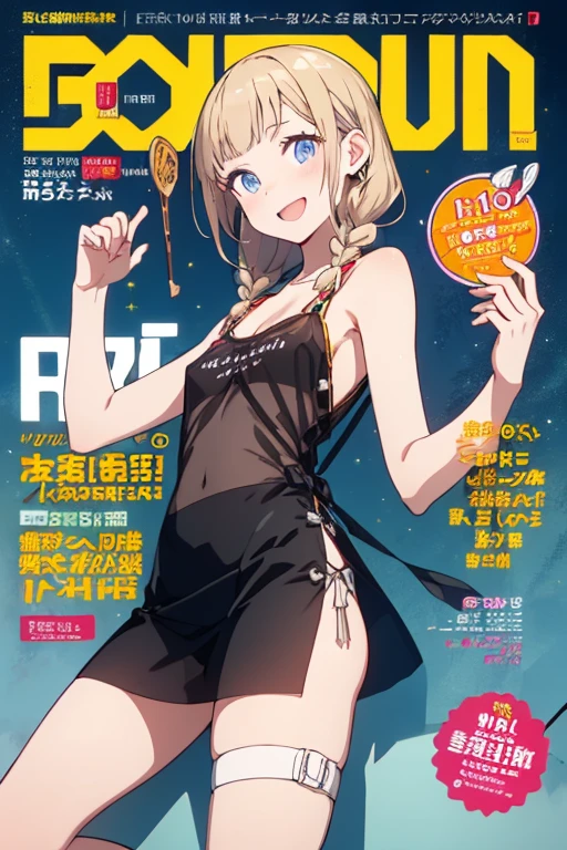 (small breasts:1.2), (perky chest:1.2), (pointed chest:1.2), (Pudding cake magazine cover:1.3),(from above:1.0),(shoot from the side:1.1),masterpiece, 1girl, Amazing Cleavage:1.1, thin waist, optimum,tmasterpiece,hight resolution,best qualtiy,hyper HD,super detailing,awardwinning,a 18yo cute girl,(The upper part of the body),anatomy correct,Beautiful Black miniskirt,garters,Gaze,Small face,bangss,holster,Beautuful Women,hands up,leg holster,Gaze,black boots,Cowboy Shot,cute face,a blond,Longhaire,Twin-tailed,Braids, Hairline,(scarlet eyes),long eyelasher,Hanging eye corners,White skin of the, ((see through camisole:1.1)), ((Sheer nipples:1.0)),Rocket Tits,(Slim body),smile,seductive weak smiling,(with sparkling eyes and a contagious smile),little open mouth, Looking at Viewer,