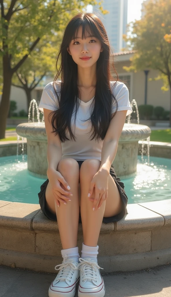 1girl、a smile、No clothes、Visible vagina、opening legs、the vagina is open、Long pubic hair、Dark pubic hair、Visible crotch、tiny chest、flat udder、Ultra mini skirt、tight miniskirt、full bodyesbian、high-heels、in poolside、Dramatic lighting、frombelow