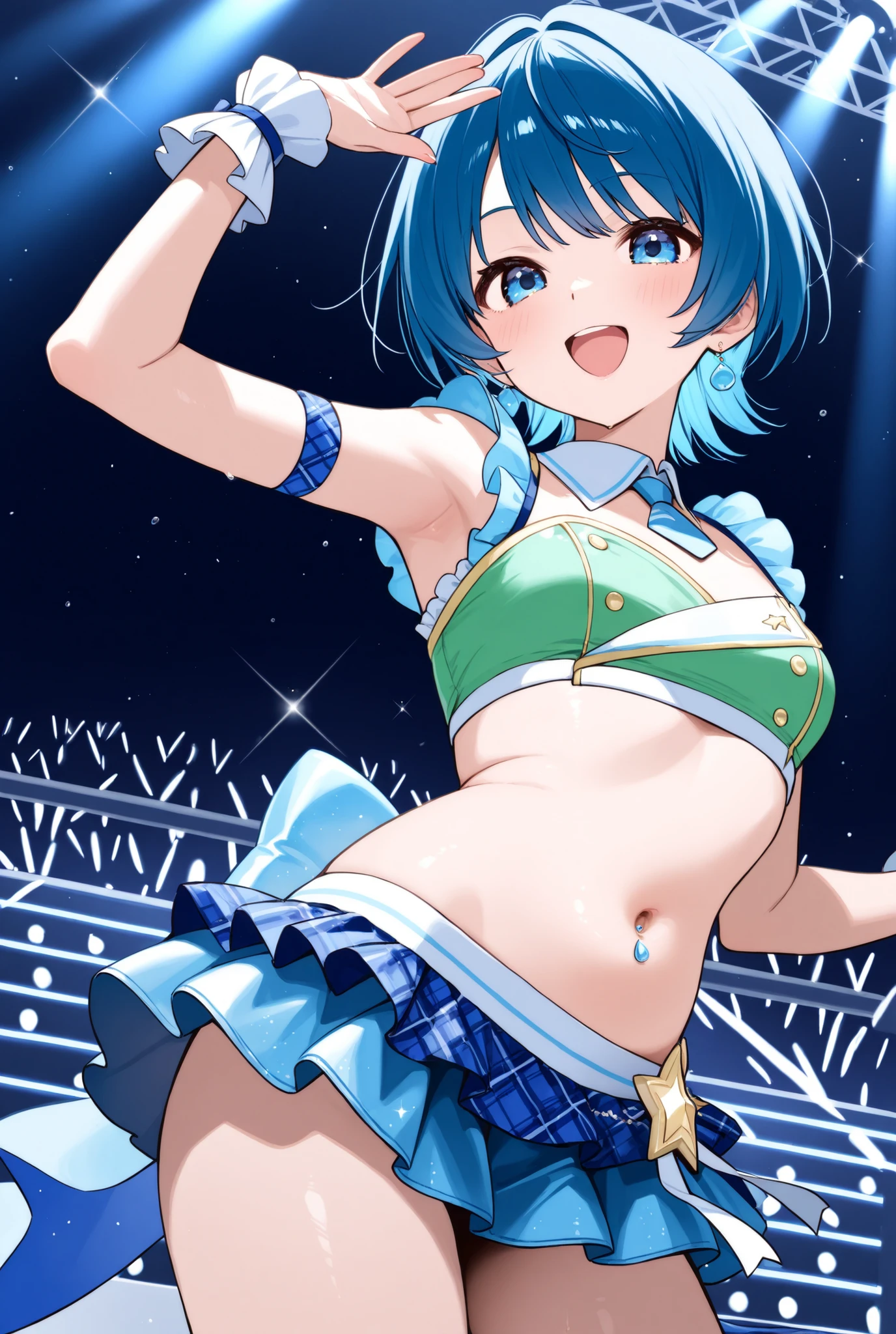 (masterpiece、Highest quality、Highest quality、Official Art、Beautiful and beautiful:1.2)、(One girl:1.3)Hatsune Miku、Twin tails,Beautiful breasts,8K, Highest quality, High resolution, Realistic, Real person, A live stage attracting a large audience, One Girl, Young and cute Japan idols, ((Cane)), big, Long and beautiful legs, With a smile on the stage、Mr.々Dancing vigorously in a pose, Holding a microphone, Gorgeous and revealing costume, Beautiful lighting