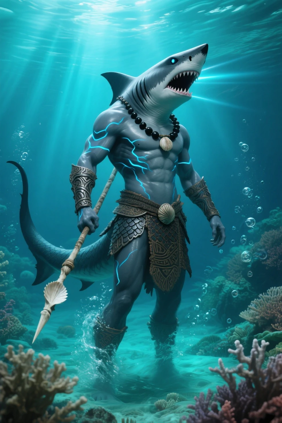The king of sharks, the muscular shark, with its detailed head and white human-like appearance, sits confidently on a large boulder in the Great Hamas Sea. He wears gold shorts, a gold belt with a gold Gucci logo and stylish black sneakers. A gold necklace was worn around his neck, and he had several rings on his wrist and a small muscular shark nearby. The backdrop features luxurious oceans and islands under a clear blue sky that provides a refreshing and serene feeling.