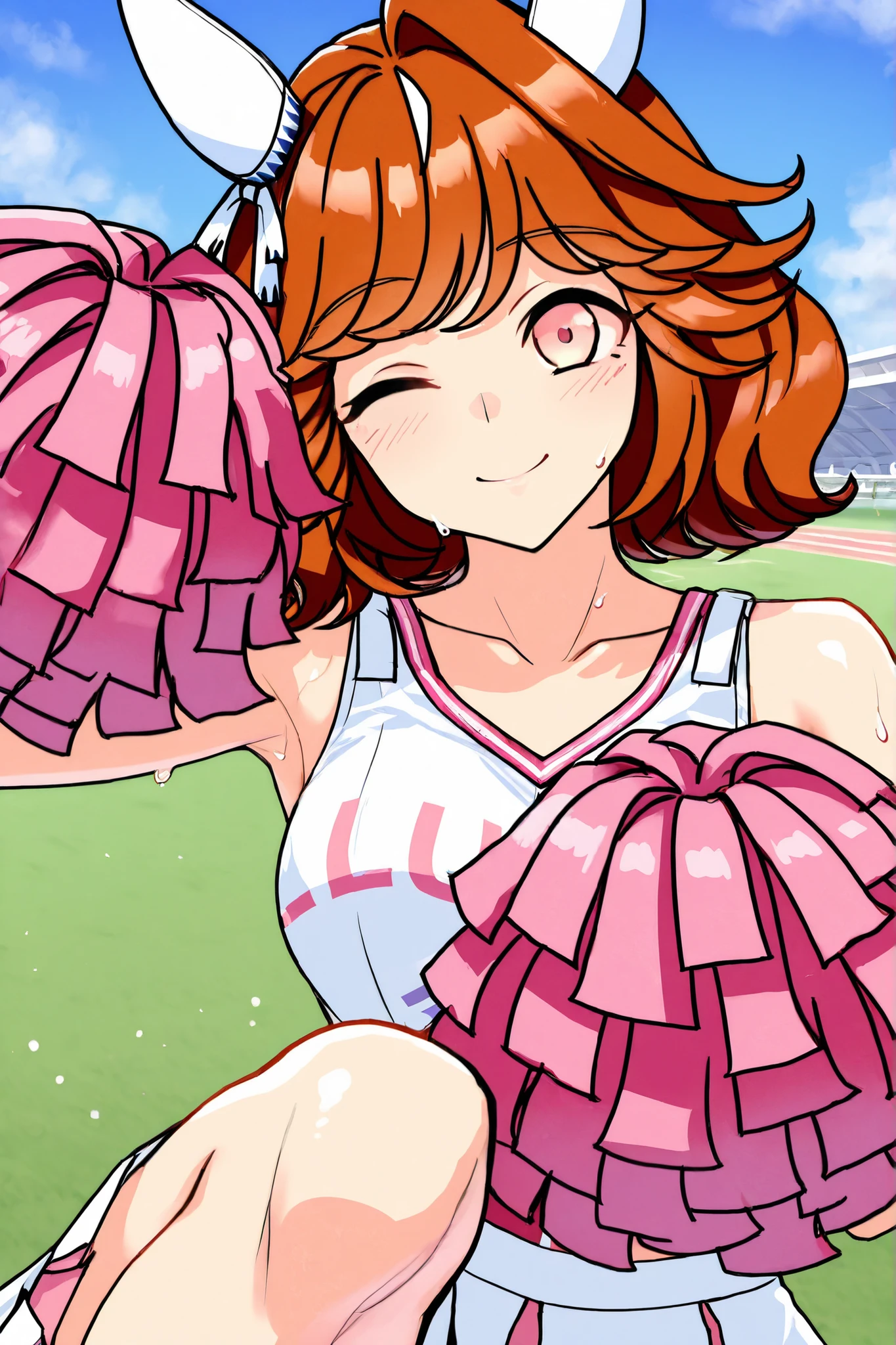 Waste \(Uma Musume\),(((masterpiece))),(((details)))((Highest Quality)),((hyper details)),(beautiful),((Shiny rhinoceros)),(((about))),( High Definition ),((8k)),((high resolution)),pink and white cheerleader, Holding Large Pompoms in Both Hands, dynamic pose,, raising arms,stretches towards viewers,standing, knee up , smile, happy,one eye closed,sweat,embarrassing, ,lawn,Racecourse,shot from the front, Glance Shot ,(((thigh to face close-up))),((character up image)),anime girl, solo,