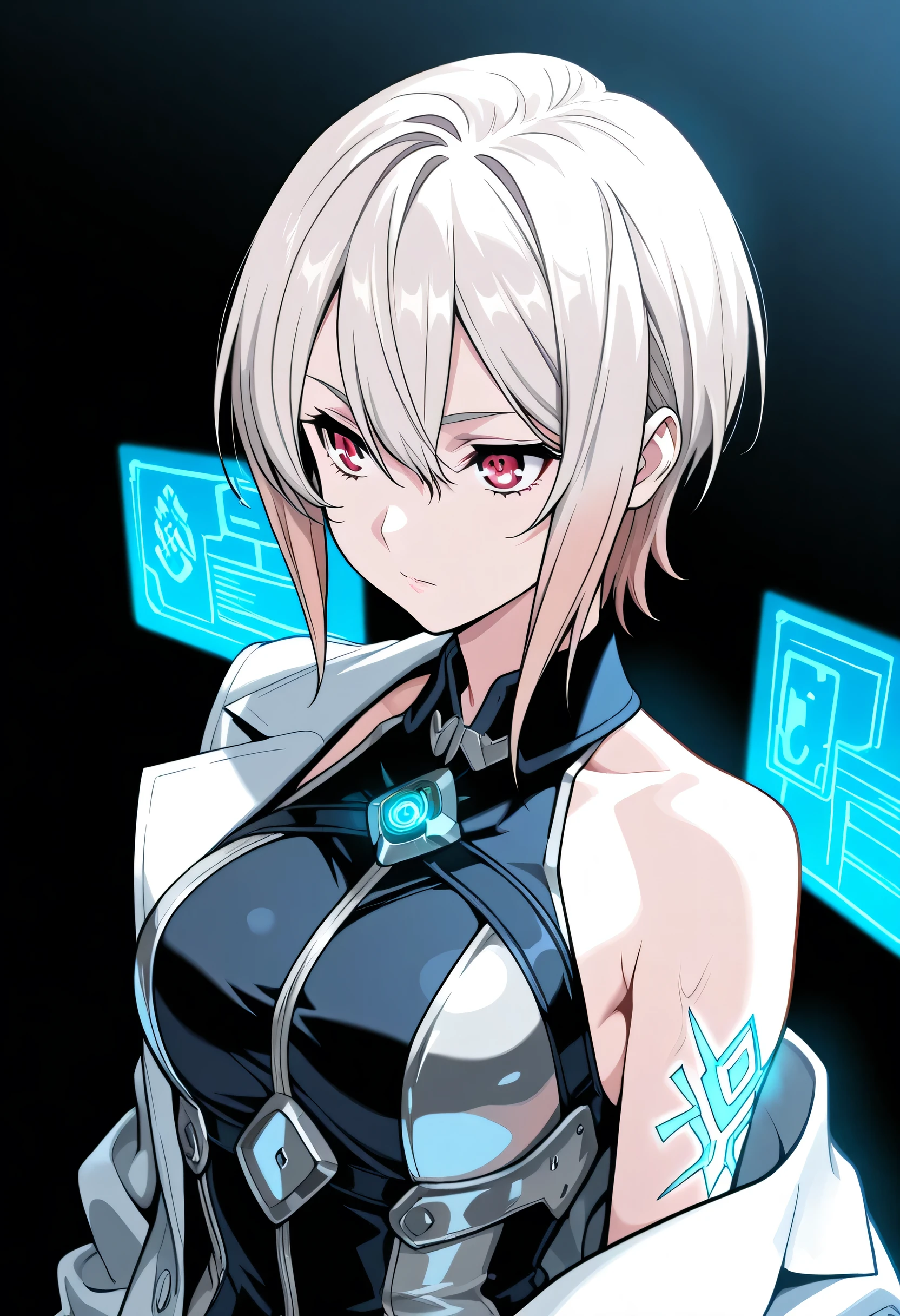 manga_style, (masterpiece),(best quality),(ultra-detailed),(best illustration),(best shadow),(absurdres),(detailed background),(very aesthetic),alice nakiri, short hair, red eyes, white hair, hair between eyes,Upper body of a sleek, futuristic idol costume inspired by Alice Nakiri and Archaludon. She wears a form-fitting metallic silver lab-coat bodice with high-precision digital plating details. Her shoulders are equipped with angular armor panels resembling Archaludon’s railgun arms, and a glowing holographic panel displays chemical formulas. Her gloves are long, black, and sleek, with blue LED veins. Her short silver hair is sharply styled, and her gaze is cold and brilliant—like a culinary scientist ruling a stainless-steel kingdom.