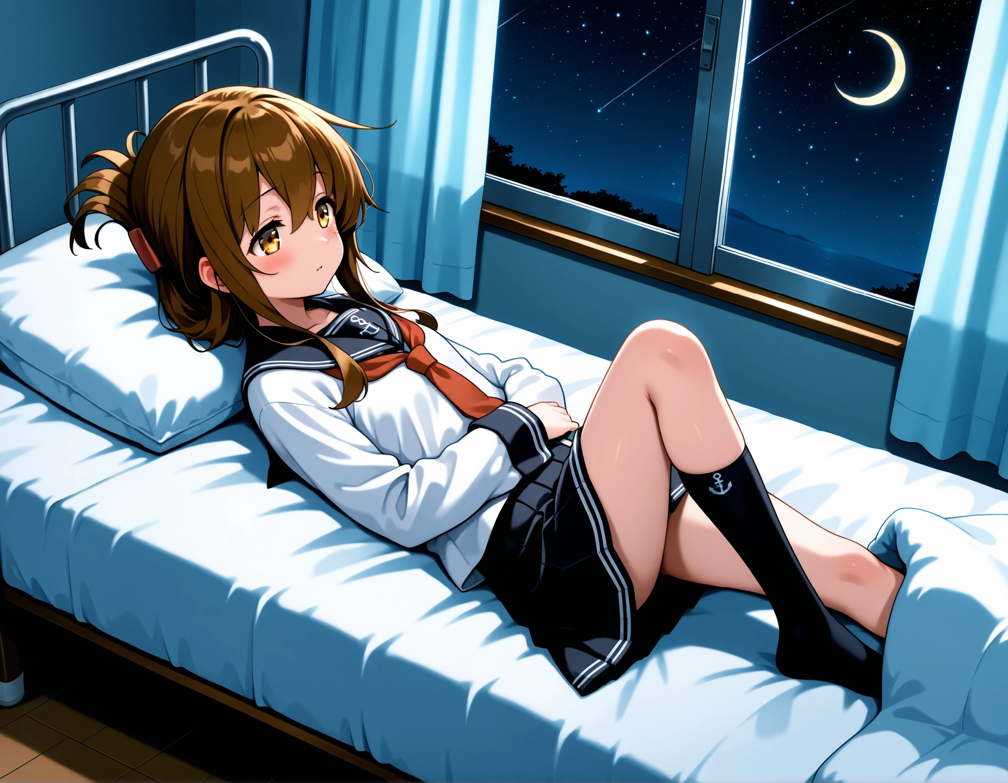 , inazuma \(kancolle\), brown hair, folded ponytail, long hair, brown eyes, anchor symbol, black sailor collar, long sleeves, neckerchief, school uniform, serafuku, pleated skirt, black skirt, black socks, Infirmary,bed,lie down on a futon,knee up, crescent moon,star (sky),
