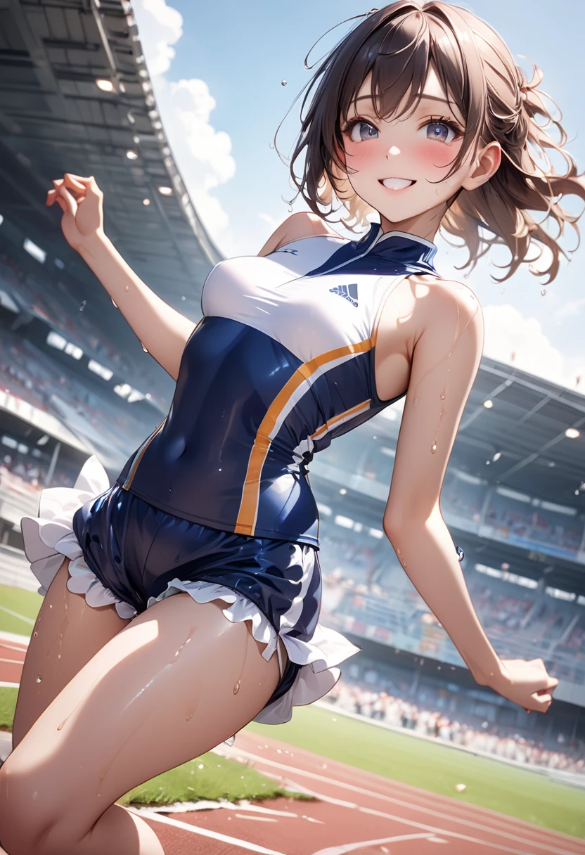 (((Best Quality, 8k, photo realistic:1.4, Masterpiece))), back Lighting, highly detailed facial textures women, 18yo, (((blue Cheerleader:1.2))), ((Stadium Background: 1.2)), arm up, beautiful make up, black eyes, smile, open mouth, shiny brown messy short hairstyles, squat pose, cowboy shot