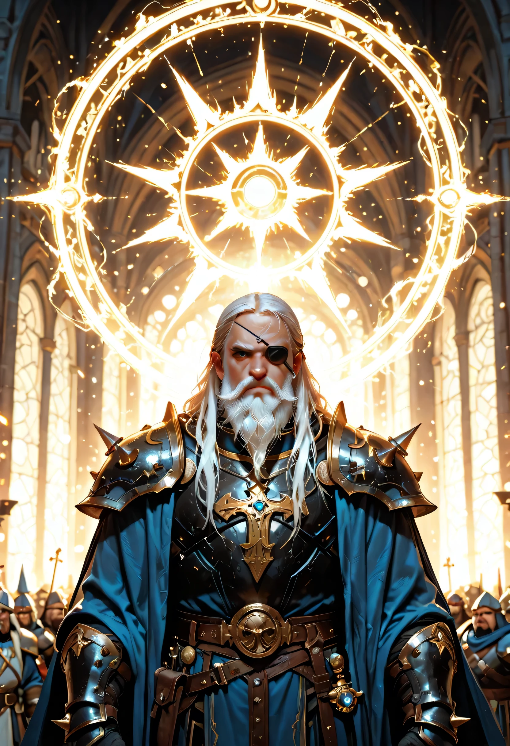 male, dwarf, cleric, paladin, casting a spell ,wearing heavy black armor with spikes , wearing an eye patch, blue cloak with sun symbol, flowing holy symbol, long hair , white hair, long braided beard, (there is a red strands in the beard), frown, serious, high detail, Realism, Action painting, depth of field, god rays, wide shot, panorama, Ultra-Wide Angle, UHD, super detail, high quality, 16K, highres, glowing, ember