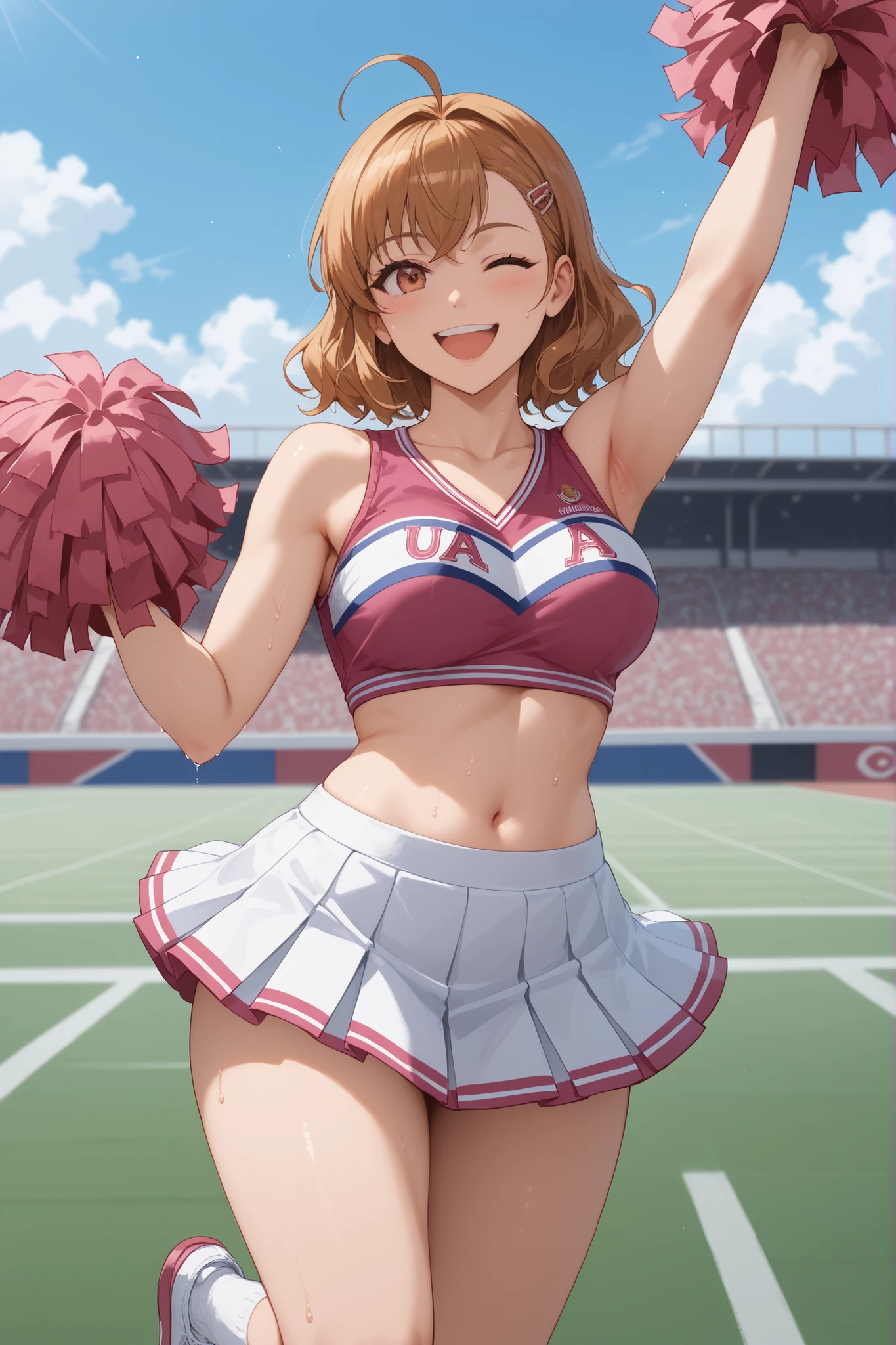 Waste \(Uma Musume\),(((masterpiece))),(((details)))((Highest Quality)),((hyper details)),(beautiful),((Shiny rhinoceros)),(((about))),( High Definition ),((8k)),((high resolution)),pink and white cheerleader, Holding Large Pompoms in Both Hands, dynamic pose,, raising arms,stretches towards viewers,standing, knee up , smile, happy,one eye closed,sweat,embarrassing, ,lawn,Racecourse,shot from the front, Glance Shot ,(((thigh to face close-up))),((character up image)),anime girl, solo,