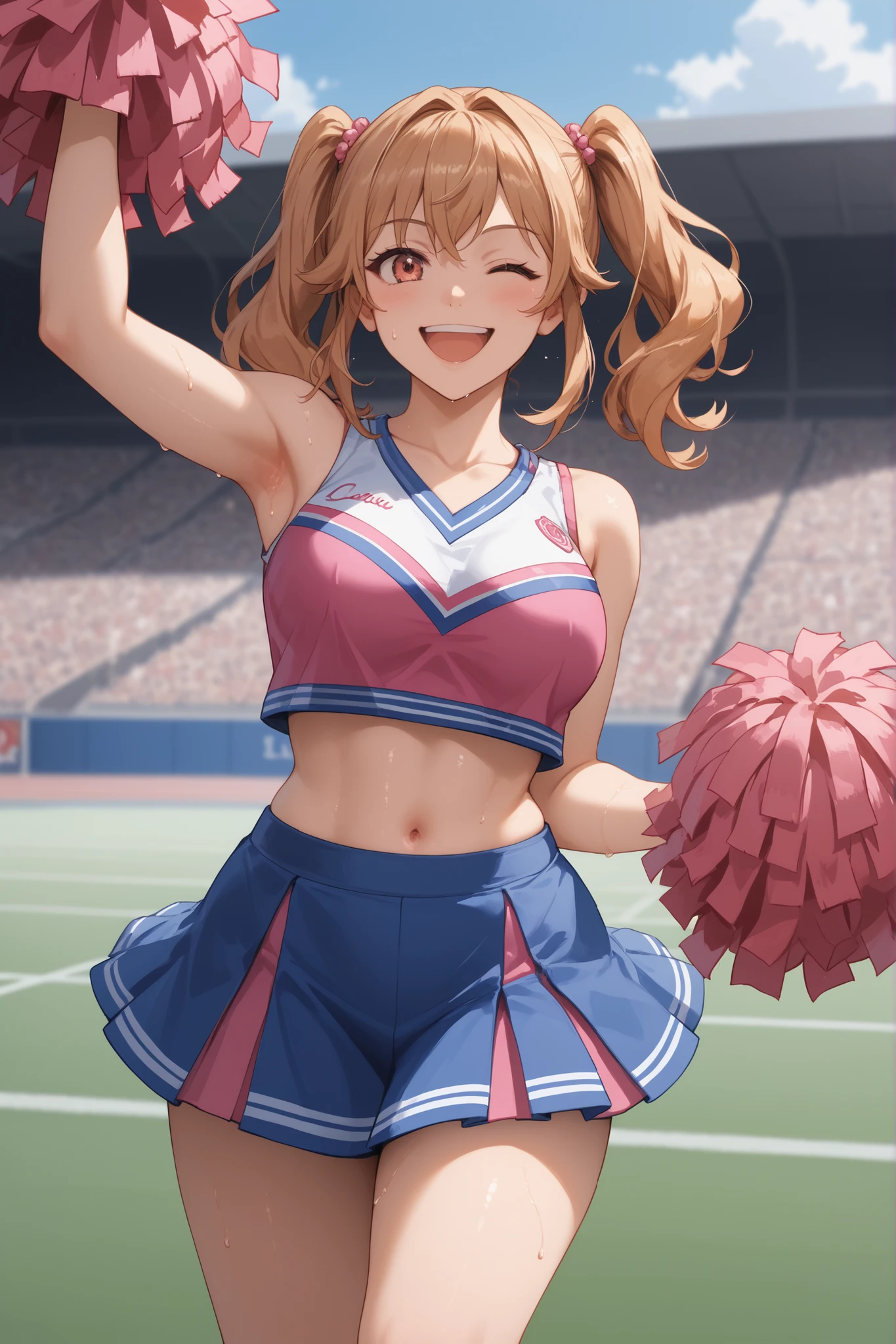 Waste \(Uma Musume\),(((masterpiece))),(((details)))((Highest Quality)),((hyper details)),(beautiful),((Shiny rhinoceros)),(((about))),( High Definition ),((8k)),((high resolution)),pink and white cheerleader, Holding Large Pompoms in Both Hands, dynamic pose,, raising arms,stretches towards viewers,standing, knee up , smile, happy,one eye closed,sweat,embarrassing, ,lawn,Racecourse,shot from the front, Glance Shot ,(((thigh to face close-up))),((character up image)),anime girl, solo,