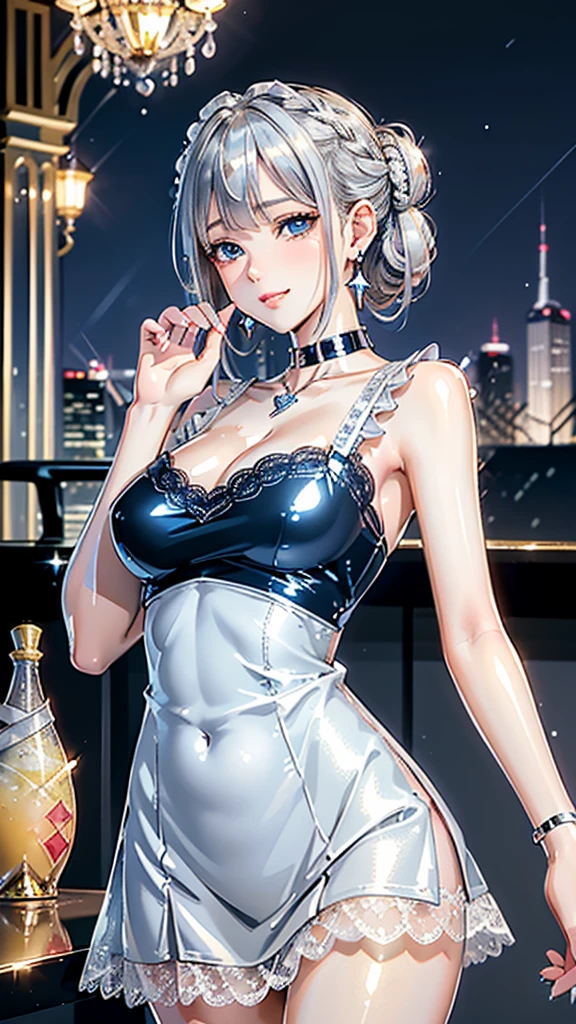 (Highest quality, 8k, 32K, masterpiece, Ultra-high resolution,:1.2),to be born, One Girl,So cute , Casino-like fantasy background, clear, Shining Eyes, Age 25 ,Fair skin, Silver Haired Girl, Fantasy Clothing, Short Hair, An innocent smile, Small Dress, night, Bunny girl, Rabbit Ears,Nyan Nyan Pose,sexy,Large breasts,Golden leotard