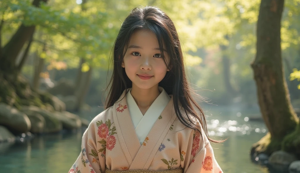 10A 10 years old Japanese girl in a kimono, standing under a weeping willow tree, smiling, beautiful detailed eyes, beautiful detailed lips, extremely detailed eyes and face, long eyelashes, photorealistic, portrait, natural lighting, muted color palette, cinematic composition, soft focus, masterpiece