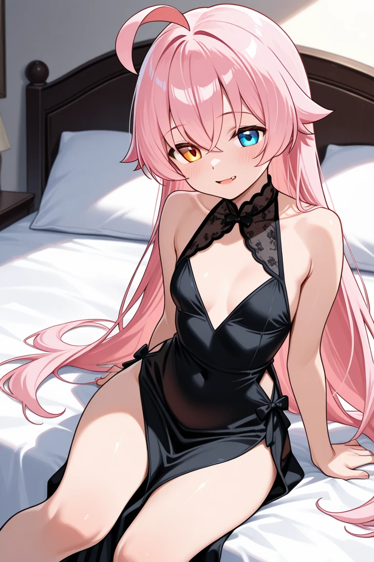 1 woman, Marin Kitagawa, 20 year old woman, beautiful Japanese woman, wife, dark pink contact lenses, long blonde hair with pink tips, wearing lacy black lingerie, smiling seductively, sitting on a bed with pink bedding, she rubbing lotion on her own thighs with her hands, she looking at me longingly, leaning forward