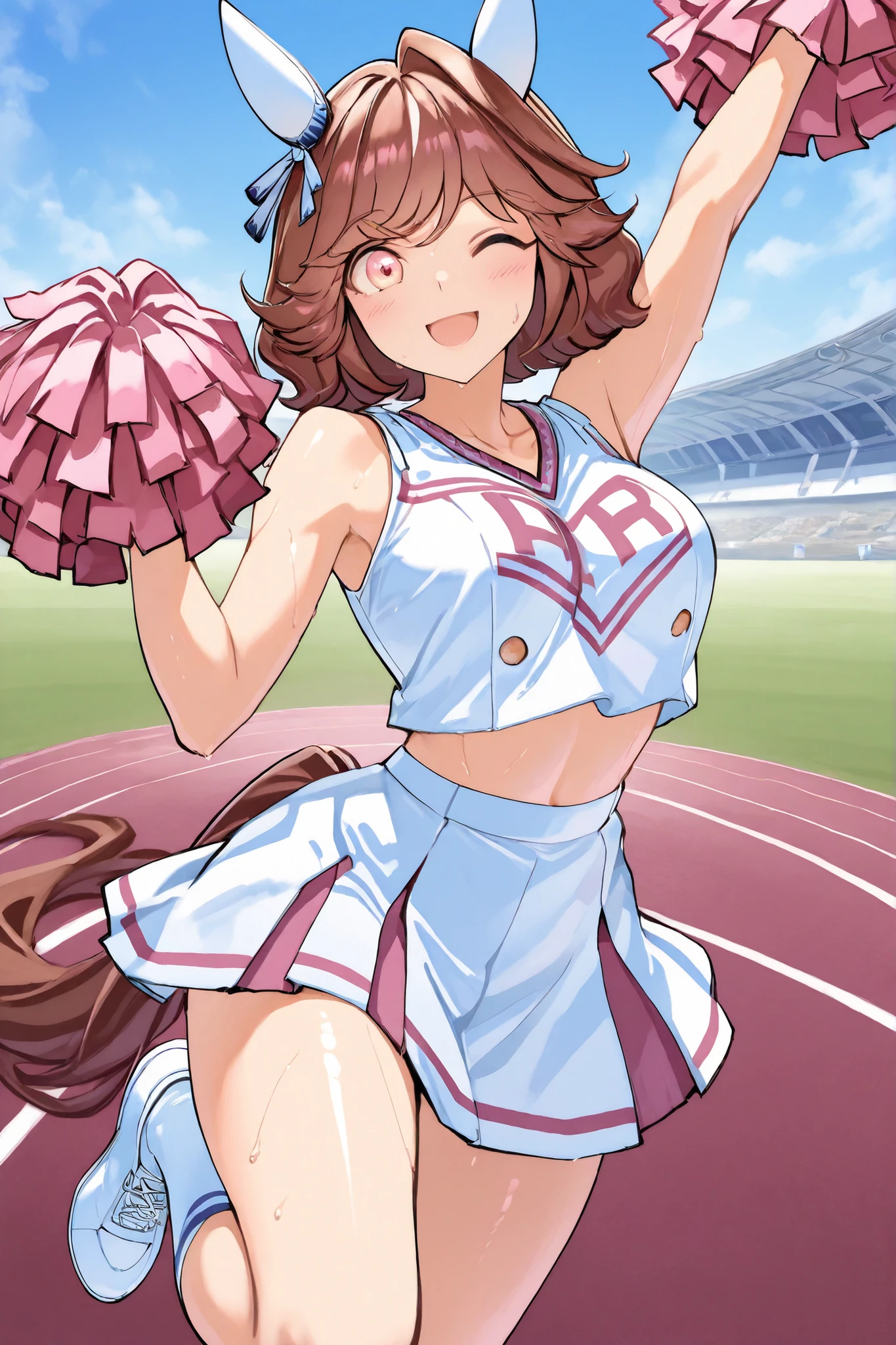 Waste \(Uma Musume\),(((masterpiece))),(((details)))((Highest Quality)),((hyper details)),(beautiful),((Shiny rhinoceros)),(((about))),( High Definition ),((8k)),((high resolution)),pink and white cheerleader, Holding Large Pompoms in Both Hands, dynamic pose,, raising arms,stretches towards viewers,standing, knee up , smile, happy,one eye closed,sweat,embarrassing, ,lawn,Racecourse,shot from the front, Glance Shot ,(((thigh to face close-up))),((character up image)),anime girl, solo,