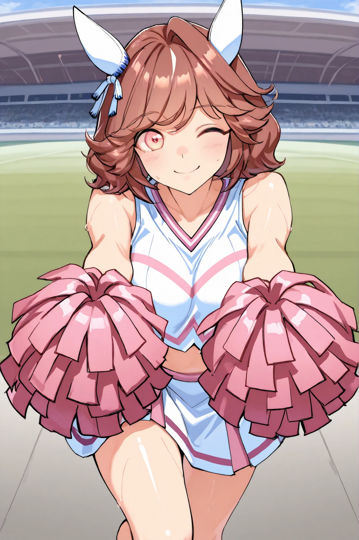 Waste \(Uma Musume\),(((masterpiece))),(((details)))((Highest Quality)),((hyper details)),(beautiful),((Shiny rhinoceros)),(((about))),( High Definition ),((8k)),((high resolution)),pink and white cheerleader, Holding Large Pompoms in Both Hands, dynamic pose,, raising arms,stretches towards viewers,standing, knee up , smile, happy,one eye closed,sweat,embarrassing, ,lawn,Racecourse,shot from the front, Glance Shot ,(((thigh to face close-up))),((character up image)),anime girl, solo,