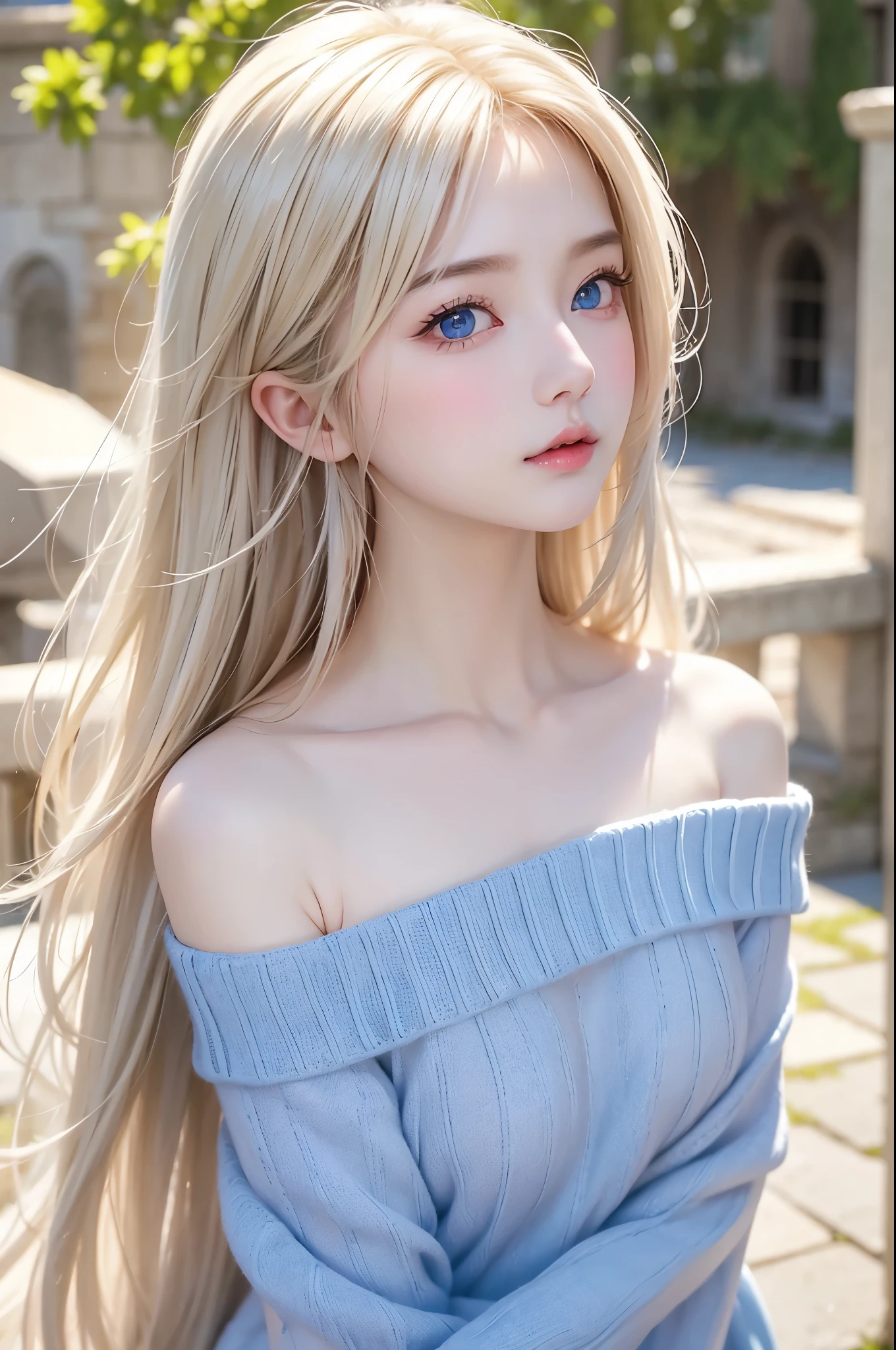 Beautiful white and radiant skin、blond hair changes color depending on how light hits it.、 long bangs block view 、 Gloss highlights on her cheeks 、sexy, so beautiful, adorable by design, cute, beautiful face above the castle gate、世界で最もbeautiful face above the castle gate、 super long and beautiful blonde hair 、Very cute face like a famous Japanese idol、is big, Sparkling bright blue eyes、beautiful bang、Beautiful and cute girl、small breasts, from the side, off shoulder knitted sweater、background:Gigabyte , Ruins