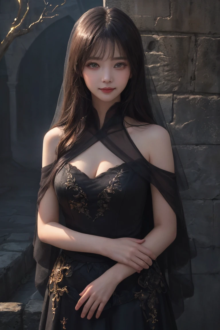 Girl, transparent, see through, black and gold dress, topless, black hair, tiara, glove, chokes, black long sleeves, black veils, ear wear, detailed hand, oval face, detailed face, smile, picture form top to knee, sexy pose, large breasts, look at camera, camera from top, detailed, lake background, photorealistic, best quality