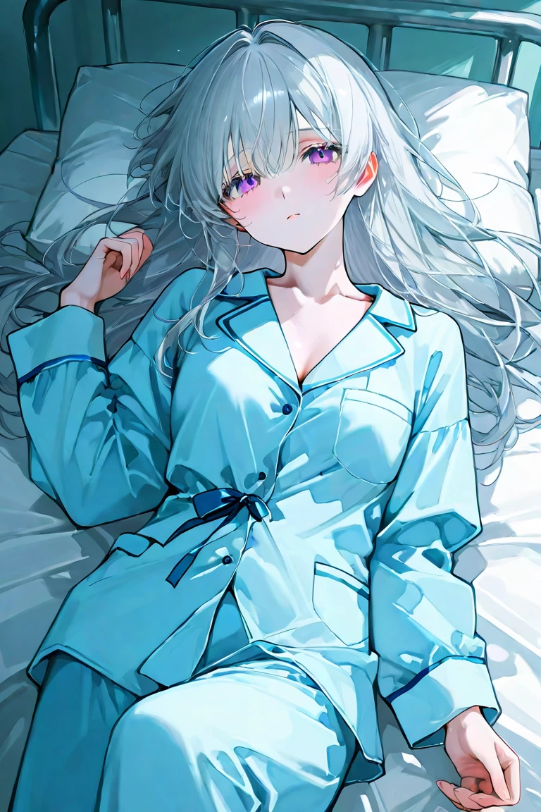 Beautiful illustrations, highest quality, Cute Woman、Clear Face、、blush、Perfect hands、Thighs、(Perfect Face:1.1), Beauty、Adult women、Shirt only、Long silver hair、Boyfriend Shirt、shirt、