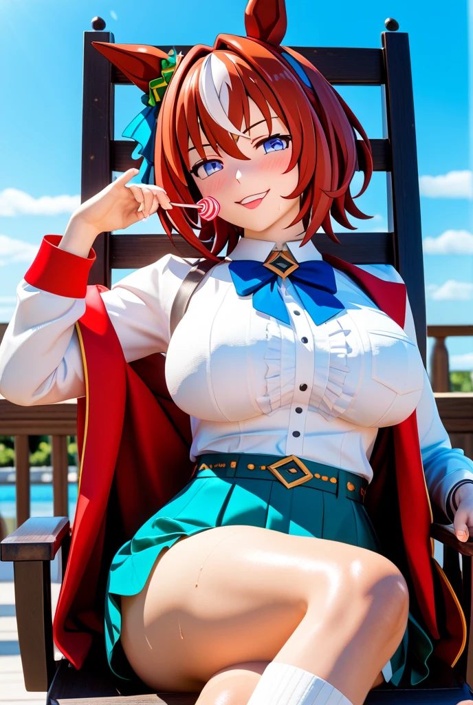 Huge tits, smile, mountain, lake, (best quality), (masterpiece), ariadoa, short hair, red hair, red eyes, hair ornament, blue dress, long sleeves, cleavage, large breasts, choker, halterneck, criss-cross halter, looking at viewer, smiling, big butt,