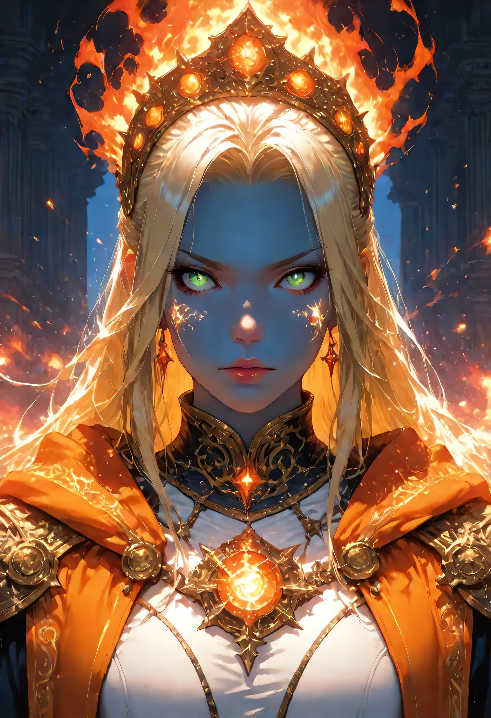 portrait of a female cleric ((dark blue skin)), intense details facial details, exquisite beauty, cleric, (dark blue skin)) female, ((yellow hair)), long hair, (((no ears))), (green eyes), armed with a fiery sword red fire, wearing (twilight priestly combat vestments), wearing white armor, wearing high heeled laced boots, wearing white armor, wearing an (orange cloak), wearing glowing holy symbol, fantasy art, dnd art, RPG art, wide shot, (masterpiece) intense details, highly detailed, photorealistic, best quality, highres, within fantasy temple background, reflection light, high details, best quality, 16k, [ultra detailed], masterpiece, best quality, (extremely detailed), close up, ultra wide shot, photorealistic, RAW, fantasy art, dnd art, fantasy art, realistic art,((best quality)), ((masterpiece)), (detailed), perfect face, fantasy, glowing, ember
