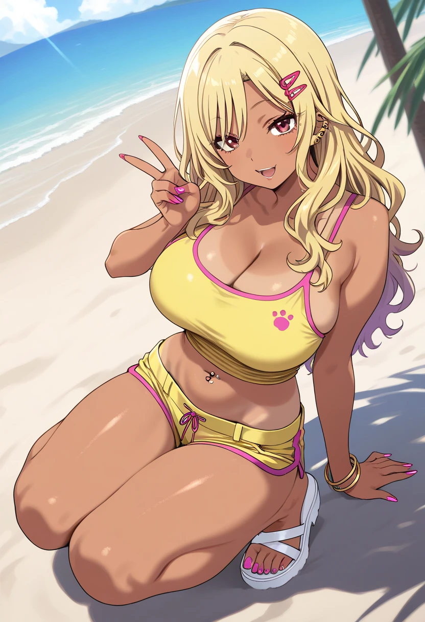 ((sexy girl ,gyaru))nsfw,glamorous, forehead, long wavy brown hair ,yellow swimsuit, glamorous, voluptuous, curvy,