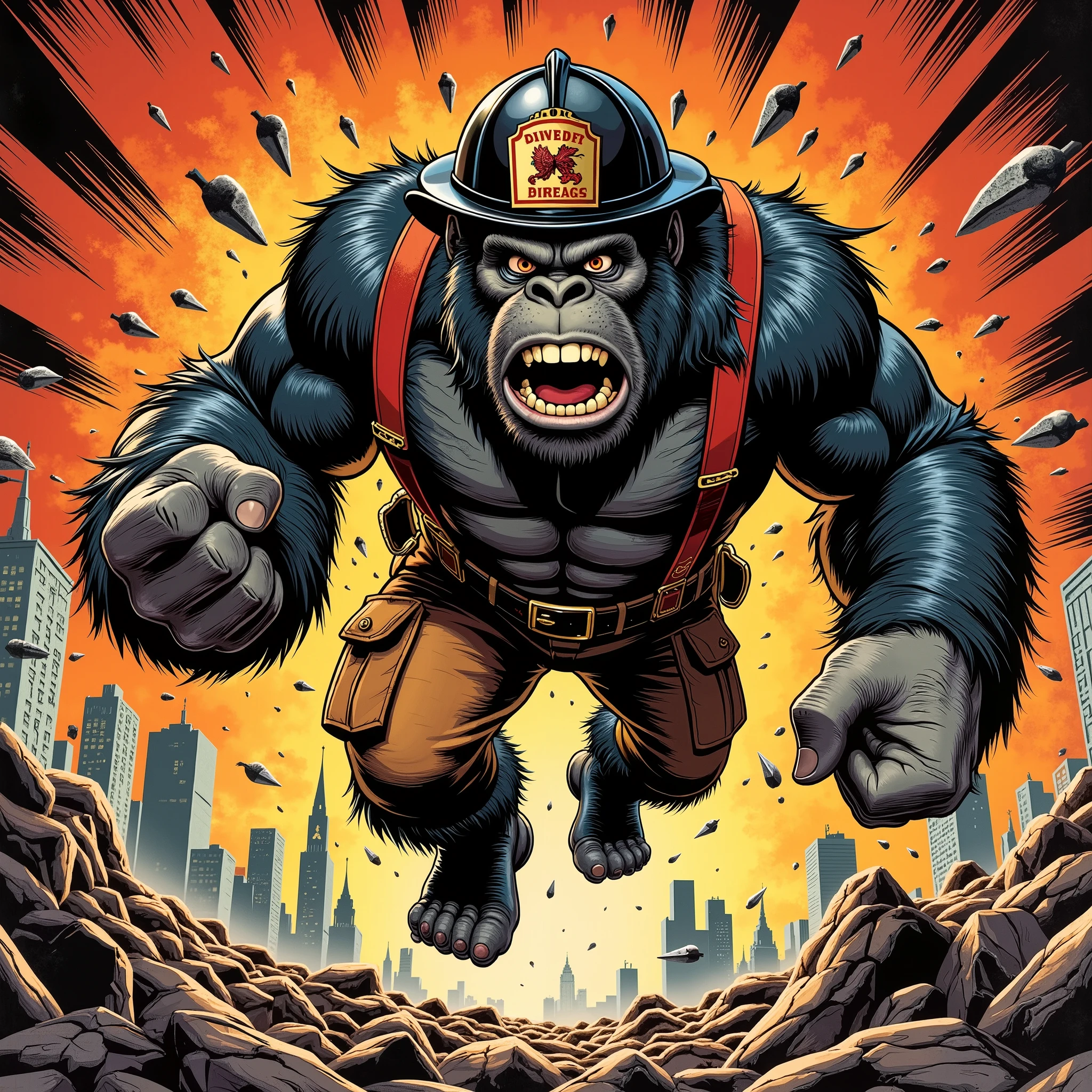 Vintage 70s action comic book cover, Vector Style, lowbrow art, A fierce, untamed King Kong, and a rugged appearance. King Kong looks serious and confident, symbolizing strength, fearlessness . He is wearing a black firefighter helmet, long sleeve navy blue button up shirt, red suspenders and brown cargo pants and black combat boots. King Kong is in mid air, in a pouncing position. The overall vibe is edgy, intense, and perfect for a fearless firefighting team logo. minimal background all around the dog to emphasize King Kong.