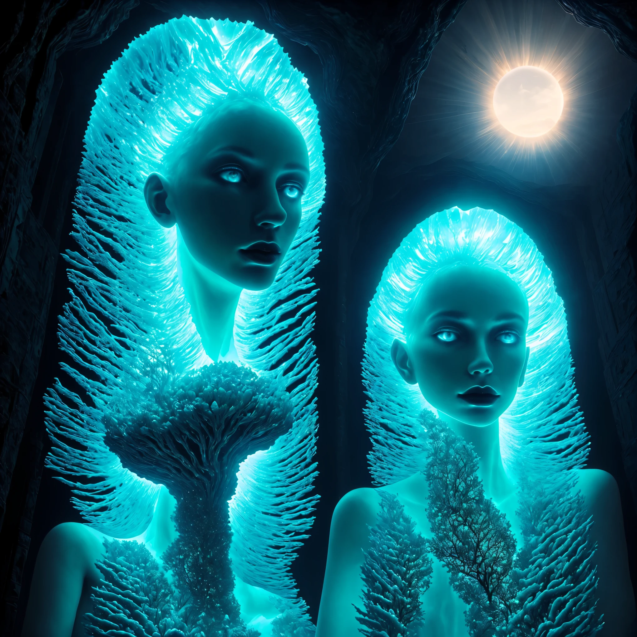 hyperrealistic, otherworldly, ultrasky scene, giant crystal tree, full body, very detailed, magical lighting, intricate, 8K, ultra-detailed, physically-based rendering, extreme detail description, professional, vivid colors, cinematic lighting, dramatic atmosphere, ethereal, fantastical landscape, towering crystal formations, shimmering energy field, otherworldly flora, alien environment, surreal color palette, glowing bioluminescence