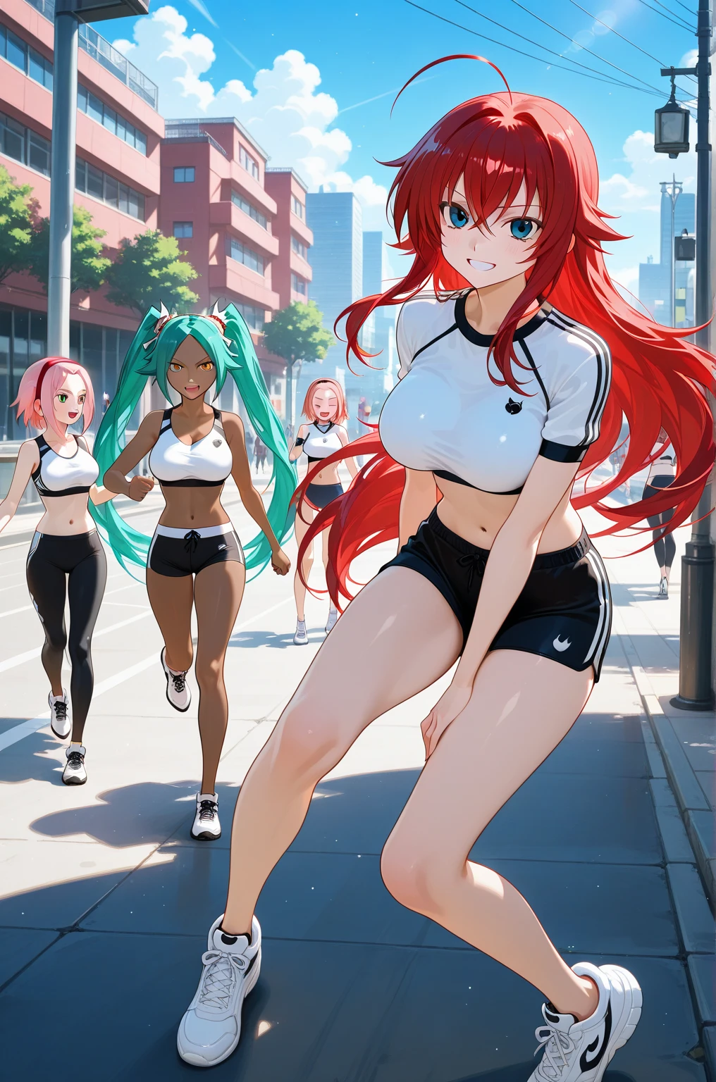 1girl, Rias Gremory, solo, long_hair, red hair, bangs, hair_between_eyes, shiny_hair, ahoge, blue_eyes, High School DXD, large_breasts, swim suit, big , sexy pose, sexy body, perfect figure, hot, ((micro bikini)), ((bare arms))