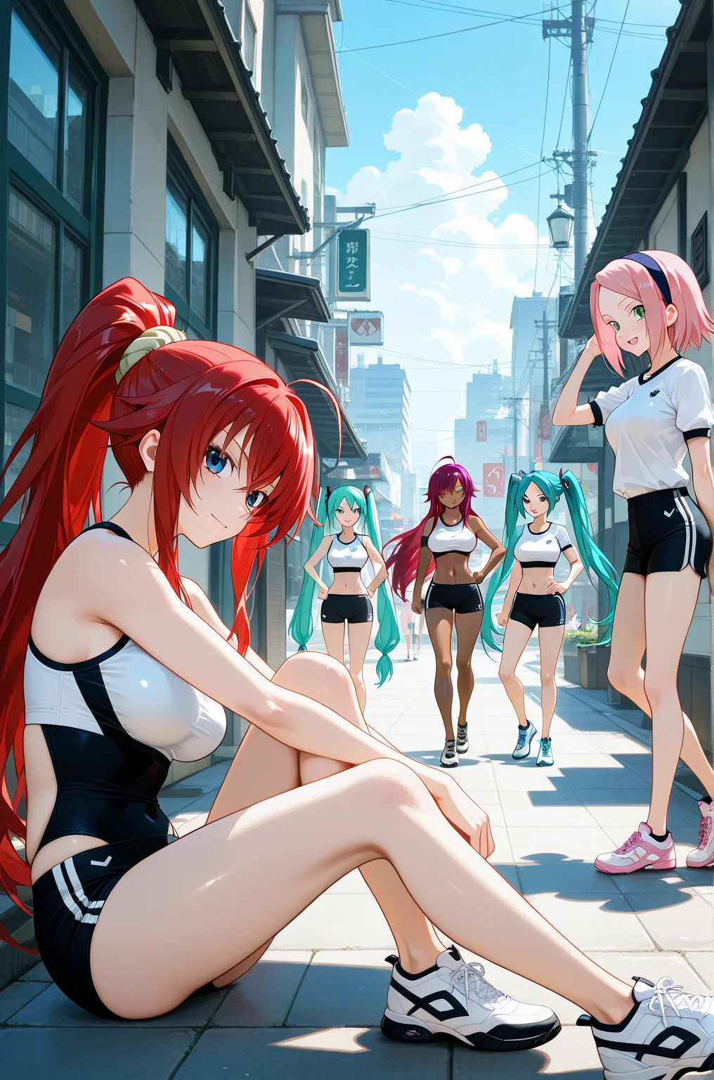 Masterpiece, super high quality anime style illustration, 8K, Olympic Games opening ceremony, bright lights flying around, very beautiful 20 year old ((2 female athletes)), ((2 beautiful girls)) ((walking in front of the camera))), ((waving)), colorful hair, ((highly detailed face)), perfect make-up, colorful eyes, pink lips, sportswear, average breasts, cleavage, beautiful legs.