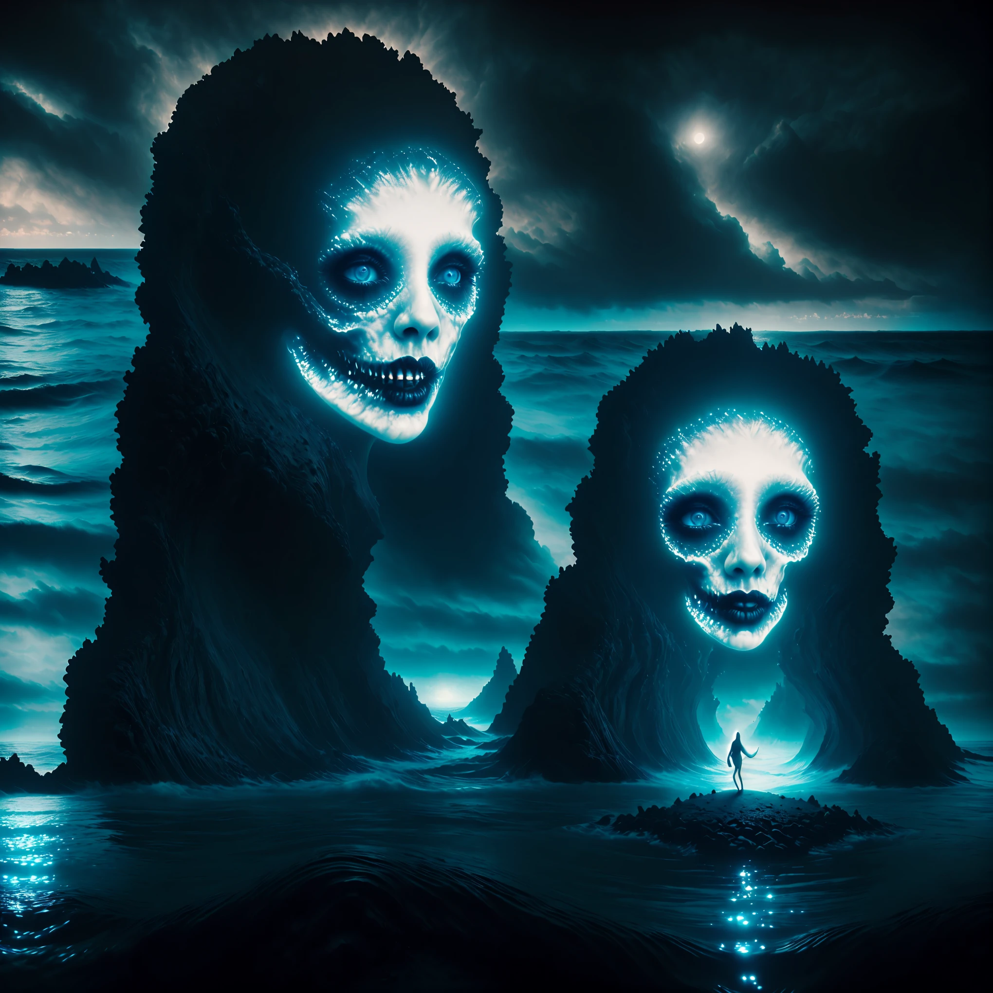 Ultra-realistic, photo-realistic, cinematic, full focus, UHDR, hyperrealistic, 3D Rendering, 8K, highres, vivid colors, cinematic lighting, dramatic composition, alien landscape, night sky, rolling ocean waves, crystal clear water, bioluminescent water, a mother and daughter on the beach, gothic, moody, macabre, melancholic, dark fantasy, magical, whimsical, ethereal, dream-like, surreal, experimental art, concept art,masterpiece