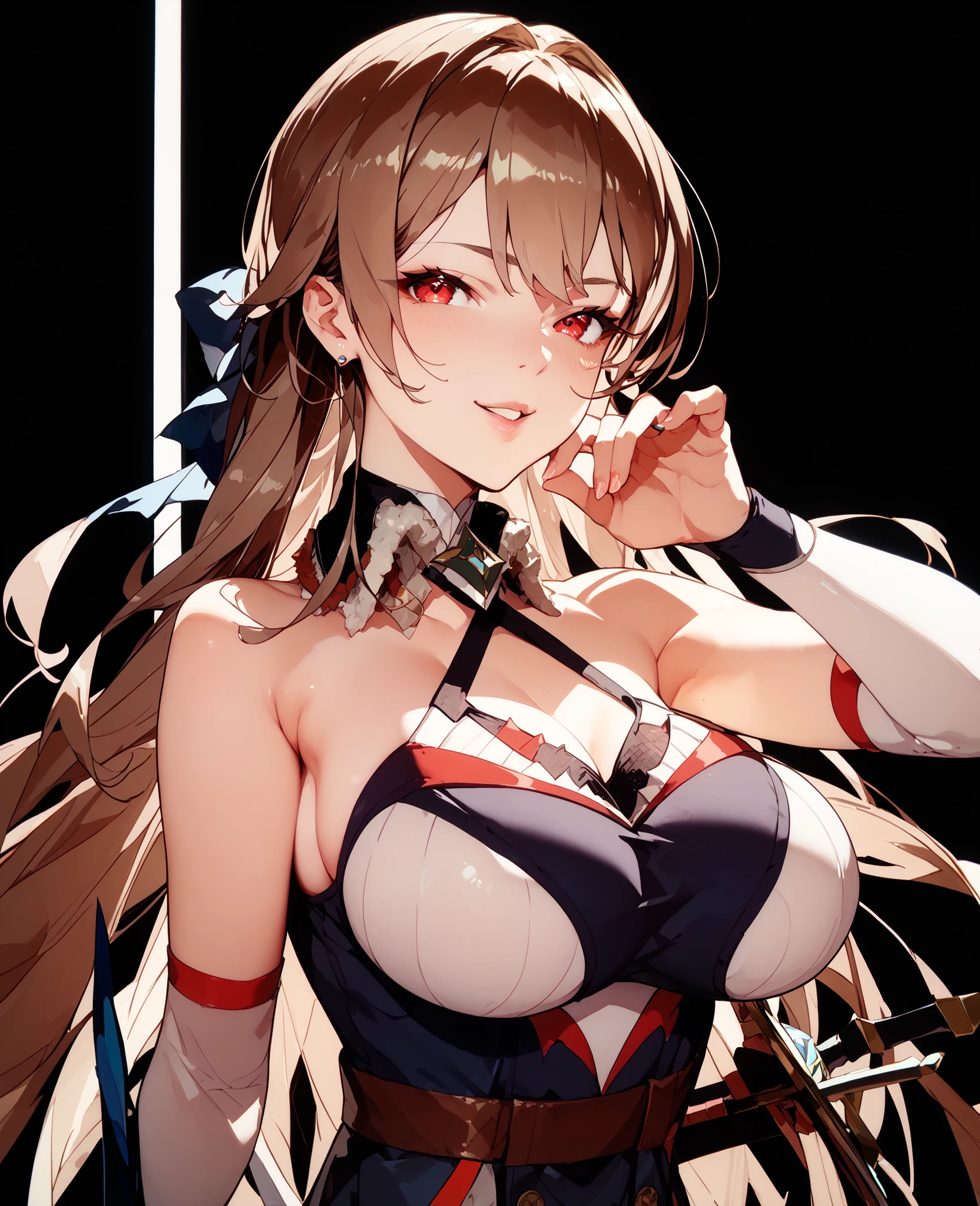 johnston hallowen \(kancolle\), 1girl, breasts, black gloves, gloves, dress, black dress, official alternate costume, cleavage, solo, heart, garter straps, spoken heart, looking at viewer, large breasts, panties, underwear, hair ornament, medium breasts, sitting, detached sleeves, thighhighs, open mouth, red eyes, original, intricate detail, illustration, masterpiece, extremely detailed CG unity 8k wallpaper, highlight, sharpening, dynamic, <lora:JohnstonHalloween:0.5>