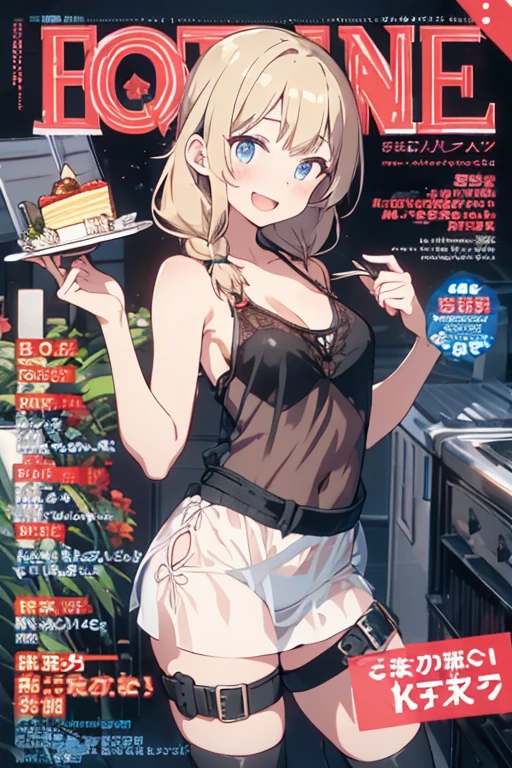 (small breasts:1.2), (perky chest:1.2), (pointed chest:1.2), (Pudding cake magazine cover:1.3),(from above:1.0),(shoot from the side:1.1),masterpiece, 1girl, Amazing Cleavage:1.1, thin waist, optimum,tmasterpiece,hight resolution,best qualtiy,hyper HD,super detailing,awardwinning,a 18yo cute girl,(The upper part of the body),anatomy correct,Beautiful Black miniskirt,garters,Gaze,Small face,bangss,holster,Beautuful Women,hands up,leg holster,Gaze,black boots,Cowboy Shot,cute face,a blond,Longhaire,Twin-tailed,Braids, Hairline,(scarlet eyes),long eyelasher,Hanging eye corners,White skin of the, ((see through camisole:1.1)), ((Sheer nipples:1.0)),Rocket Tits,(Slim body),smile,seductive weak smiling,(with sparkling eyes and a contagious smile),little open mouth, Looking at Viewer,