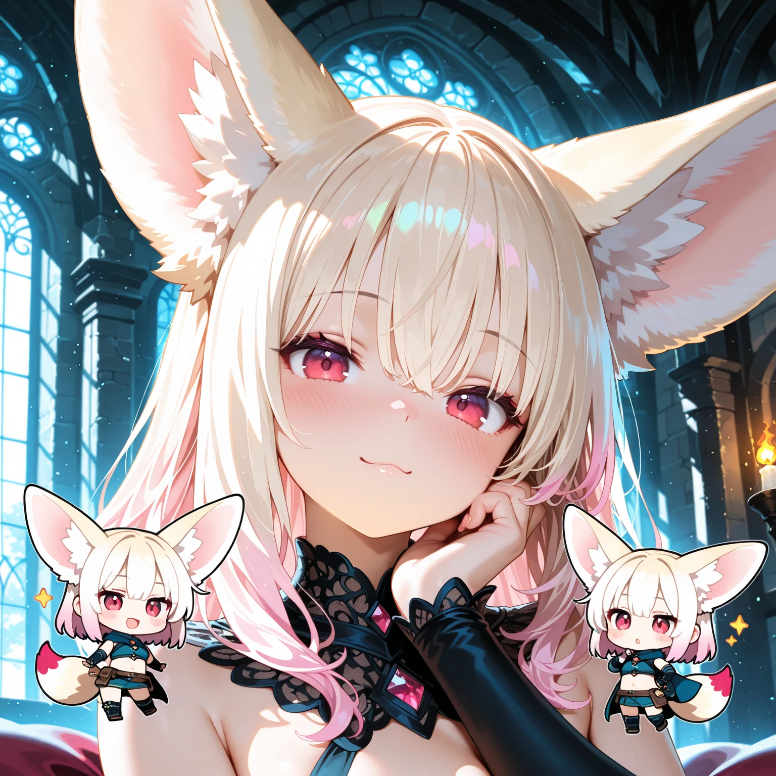 1人の獣女、Very pretty woman、White Bunny Girl Cosplay、tattooed、light brown wavy short hair、big eyes sparkling red、ABS、great proportions、Whole body shot、background kaleidoscope、the anime、illustration、Fantasia、portrait、animification、HIGH DEFINITION、The Highest Quality、extremely high image quality、ultra Detailed、ultra Realistic、PHOTOREALISTIC
