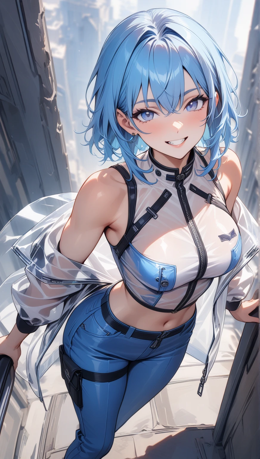 Best Quality,High resolution,8k,(plain white background, no patterns, no textures, just a plain white background:1.3),Masterpiece:1.2),beautiful girl,(focus face),Shiny light blue hair,messy hair,Beautiful light blue eyes,A girl with a cute, charming face, dressed in an outfit that emphasizes the concept of "absolute territory" (zettai ryouiki). She is wearing a stylish mini skirt that highlights the contrast between her upper and lower body, paired with knee-high socks featuring fashionable patterns or designs. Her top is a sleek, fitted design that complements the mini skirt. Her eyes are designed with a glossy, reflective quality, adding depth and shine to her gaze. Her hairstyle is trendy, enhancing her fashionable appearance. The background is pure white, focusing on the striking absolute territory concept, her chic outfit, and the glossy shine in her eyes,Gentle look,A refreshing look,smile,Best quality,Best Quality,Aesthetic and aesthetic:1.2,Best details((Super detailed))(High-definition CG illustrations),Slender body,smile,blush,cute,Scrounge,Looking up,Being spoiled,super model