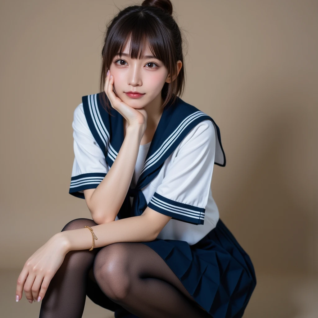 White base with purple-red sailor suit、tulle skirt、23 years old, Performing on an empty stage, concert photos, cute core、(bob hair)、(((watching the audience)))、ribbon on head、(自然でDetailed face立ち、beautiful and detailed eyes、beautiful and dense lips、very detailed eyes、Detailed face、long eyelashes)(8K resolution)、High resolution、masterpiece:1.2 )、Super detailed、(real、photorealistic、photorealistic: 1.37)、8K、fantastic lighting、bright colors、sitting posture、bold spread legs、(anatomically correct)、(perfect body proportions)
