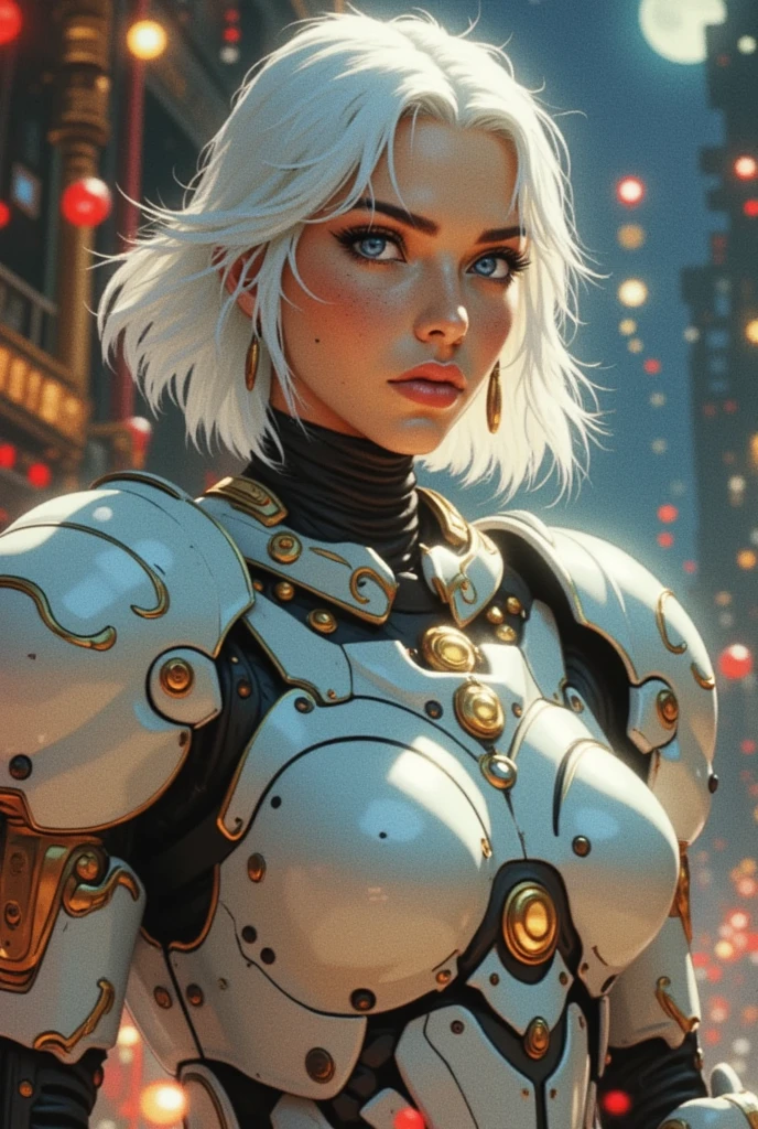 (((devilish smile))), (((camuflagesuit))), (((white hair bob haircut))), (((metallic arms))), (((muscles))), (((Colossus))), (((X-man))), (((melhor qualidade: 1.4))), (((full metal))), (((DuneWalker))), (((post-apocalypse))), (Unbeatable masterpiece), (hiper HD),(CG 8k hiper-realista), 1Garota armada em um mundo futurista usando roupas de soldado mariner. Corte de cabelo ultra moderno e molhado, perfect body with robotic parts, seios grandes, bunda perfeita, muscles without exaggeration, rosto lindo com olhos azuis penetrantes, add textures to clothes and create something different from the usual, add accessories like garter belt, espartilho e luvas com listras, pele bronzeada e com brilho de molhado, industrial environment with giant heavy machines, Intricate machinery and giant robot parts