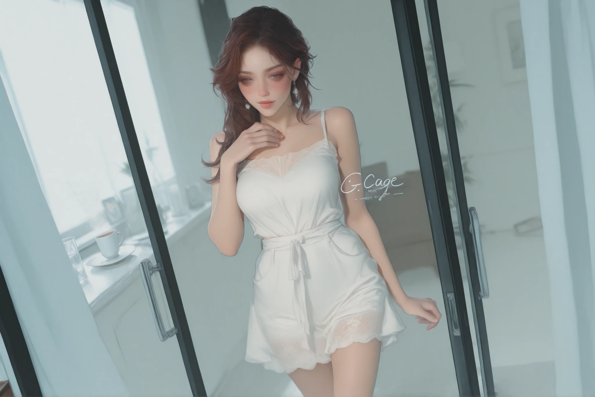 pastel color,  pastel color, selfie with a smartphone, smartphone cover the face, gray camisole, gray seductive lingeries, ((drawing, flat color, gongbi)) , sexy, ((see through fabric)), standing, ((full shot)), big breasts, ((nice legs))