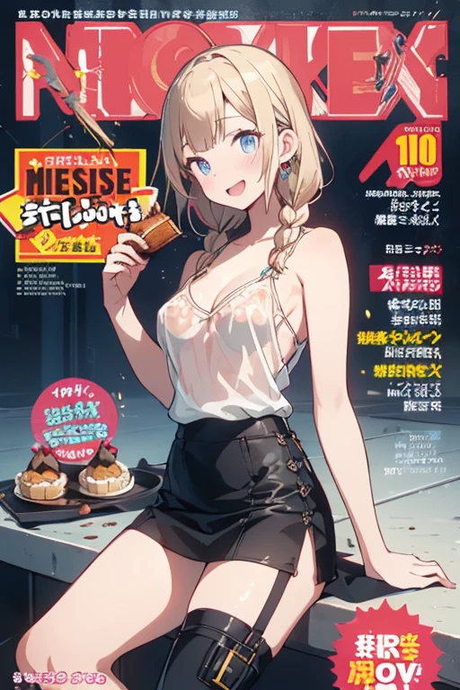 (small breasts:1.2), (perky chest:1.2), (pointed chest:1.2), (Pudding cake magazine cover:1.3),(from above:1.0),(shoot from the side:1.1),masterpiece, 1girl, Amazing Cleavage:1.1, thin waist, optimum,tmasterpiece,hight resolution,best qualtiy,hyper HD,super detailing,awardwinning,a 18yo cute girl,(The upper part of the body),anatomy correct,Beautiful Black miniskirt,garters,Gaze,Small face,bangss,holster,Beautuful Women,hands up,leg holster,Gaze,black boots,Cowboy Shot,cute face,a blond,Longhaire,Twin-tailed,Braids, Hairline,(scarlet eyes),long eyelasher,Hanging eye corners,White skin of the, ((see through camisole:1.1)), ((Sheer nipples:1.0)),Rocket Tits,(Slim body),smile,seductive weak smiling,(with sparkling eyes and a contagious smile),little open mouth, Looking at Viewer,