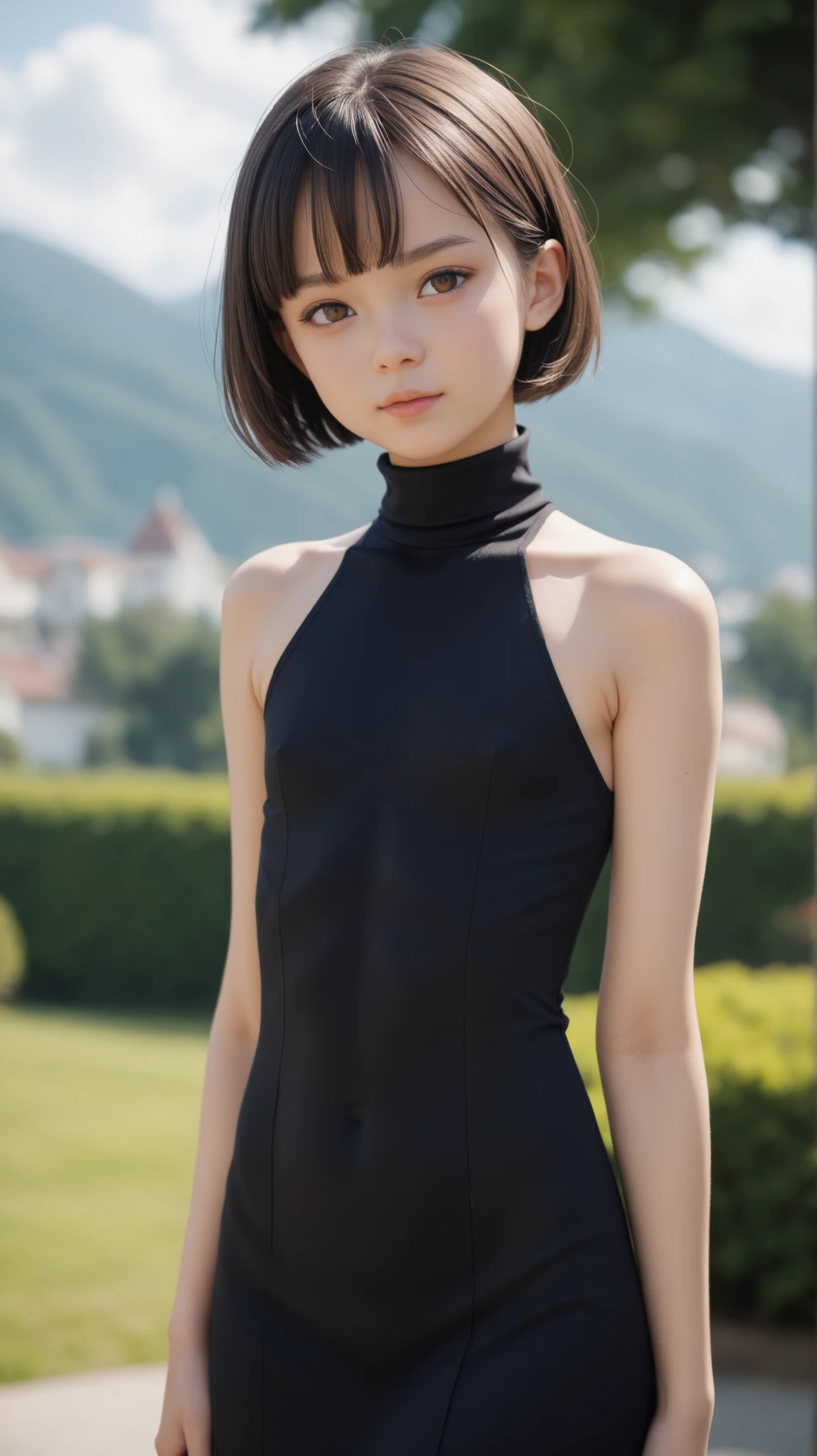 Highest Quality、masterpiece、Completed、 Rise of the Center,black dress,turtleneck, slim, short hair、(((small breasts、small breasts、Flat chest)))、white shirts、Natural look、blurry background、