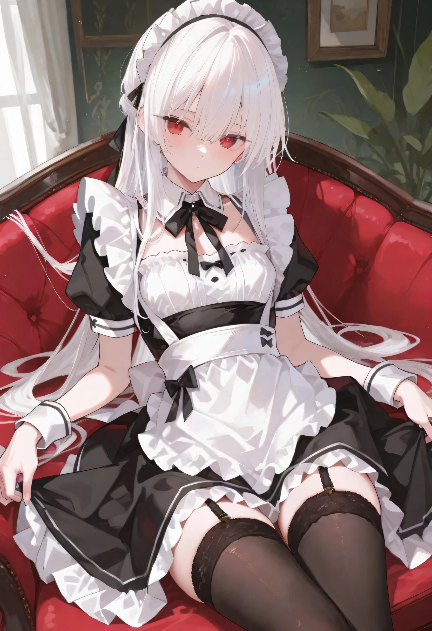 Woman, gorgeous, sexy, white hair, red eyes, two ponytails, red maid-like dress, black and white little details, ruffled skirt, seductive look, seductive pose, white stockings up to the middle of the thighs, red shoes