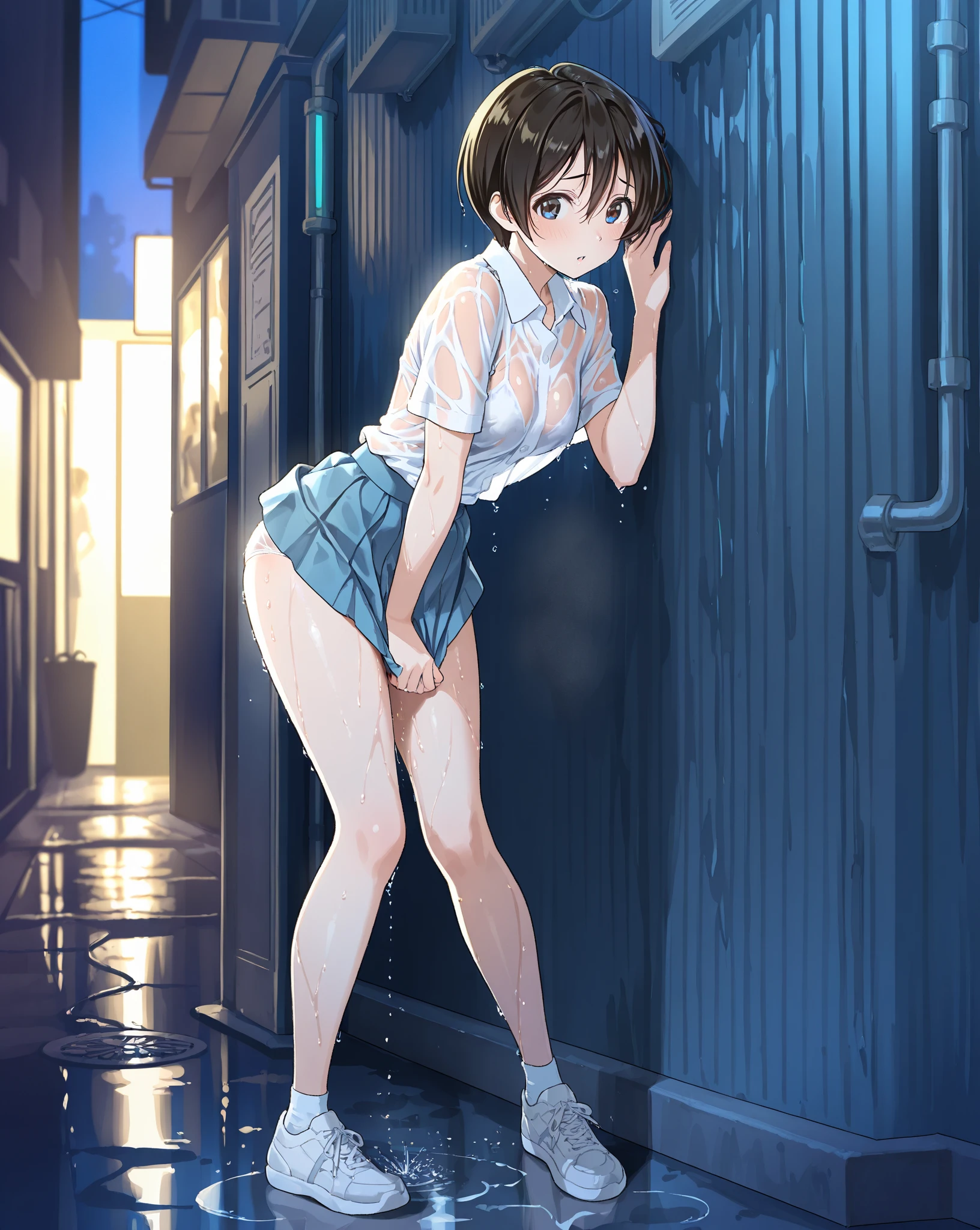 (masterpiece), best quality, (16k), expressive eyes, perfect face, BREAK, office lady, 1 girl, solo, large breast, navel, BREAK, ((topless)), (((wet cobalt blue solid pencil mini skirt))), BREAK, bare arms, bare legs, shiny skin, wet body, BREAK, brown hair, very short hair, wet hair, brown eyes, BREAK, indoors, in the pool, wading standing, sad, :o, (cowboy shot), (from behind), BREAK,