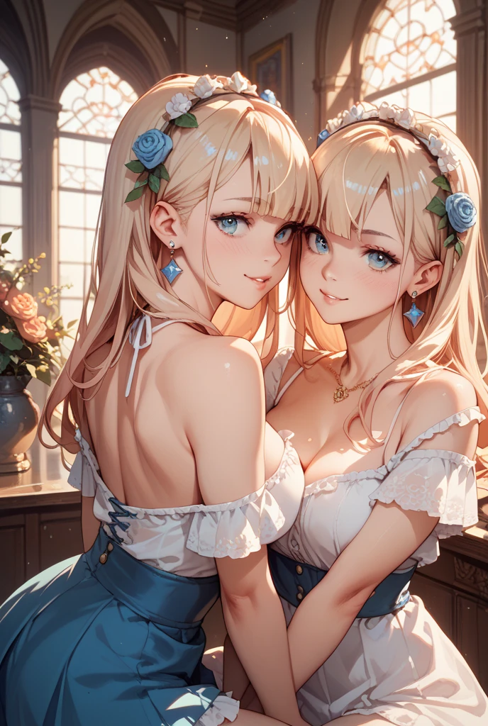 (masterpiece),(top-quality:1.2),1girl in,(masuter piece:1.3),exquisitedetails, Highest quality 8K resolution, Ultra-detailed, Realistic, Vibrant colors, Soft tones, With warm and gentle lighting,Morning Bedroom、Sexy smile、Side view、put out the tongue、pink bra、Fluffy pajamas、on the beds、Lying、slender white body、Bring your chest together、Colossal tits、Blushing、Small necklace,(short twin-tailed blonde hair:1.3),(Hair parted in the middle:1.3),(Glowing hair),(Dark blue eyes:1.3),White skin, hair clips,Overflowing soft and gentle feelings,The sun's rays illuminate joy and pure love, Warm golden glow,The atmosphere is full of happiness and laughter, As if celebrating love,Sticking to ultra-detailed depictions and vivid colors. In a style that blends romanticism and realism、You can feel the depth of love,color palettes,Create an ethereal atmosphere like a dream,and the lighting is soft and diffused, Shine a gentle light on your face,The artwork is a masterpiece