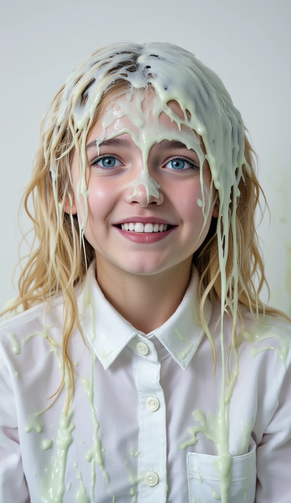 (Highest quality, 4K, 8k, High resolution, masterpiece:1.2), Very detailed, (Realistic, photoRealistic, photo-Realistic:1.37)、smile、Japanese、Blonde、(Completely naked)、(((Bukkake)))、Lips parted,