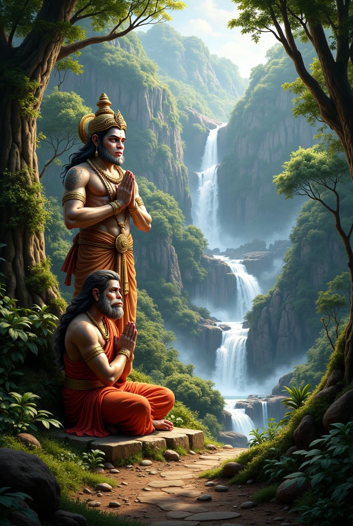 Lord Ram and Lakshman are sitting on Rishyamukha Mountain, conversing with Sugriva, who is bowing humbly. Hanuman stands behind Sugriva. The background shows lush green trees and mountains.
